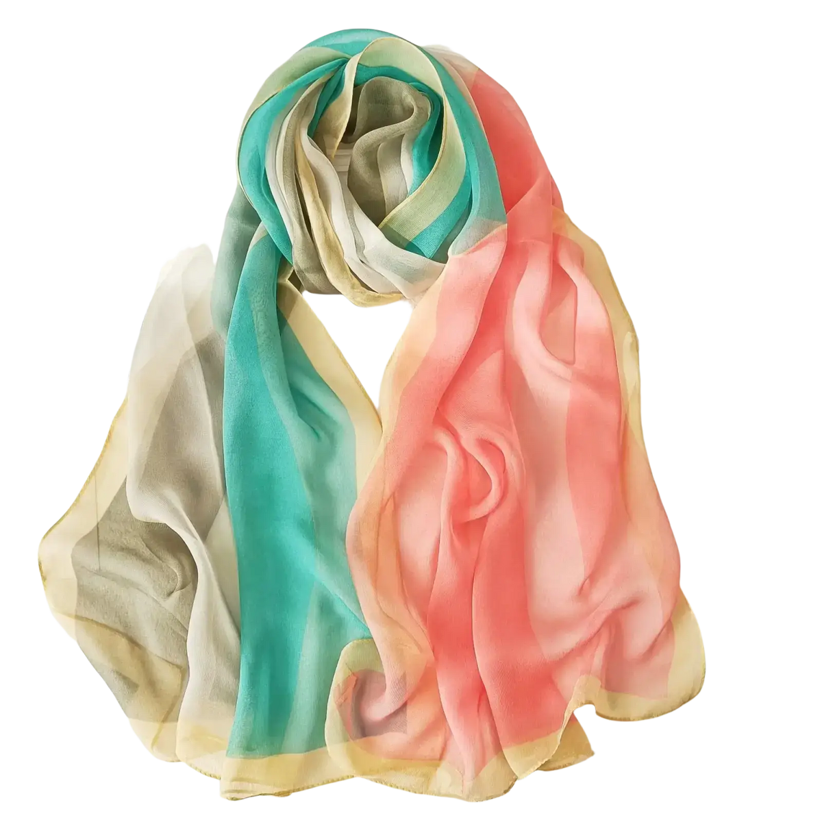 A flowing lightweight chiffon beach scarf shawl hijab with a soft gradient of teal coral and cream hues