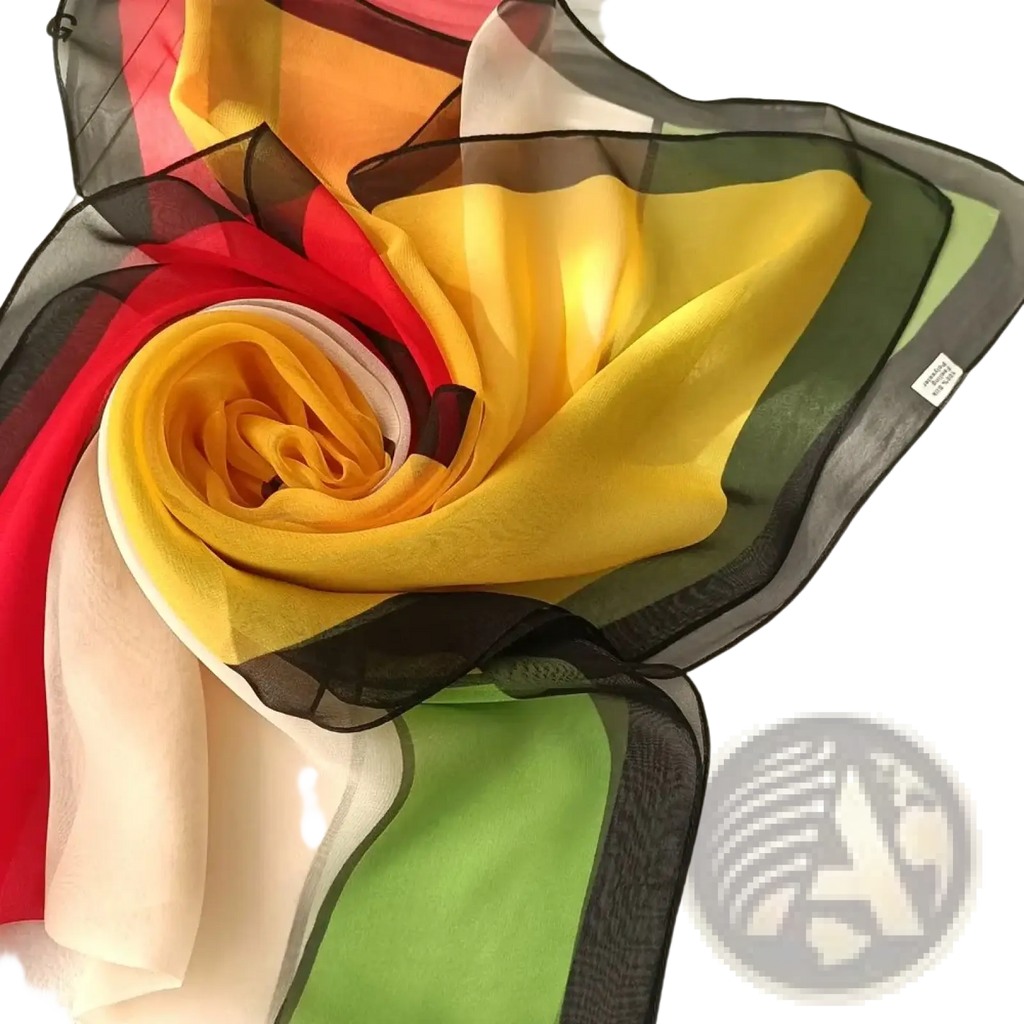 A vibrant multi-colored gradient chiffon beach scarf shawl hijab with bold yellow red green and black silk stripes