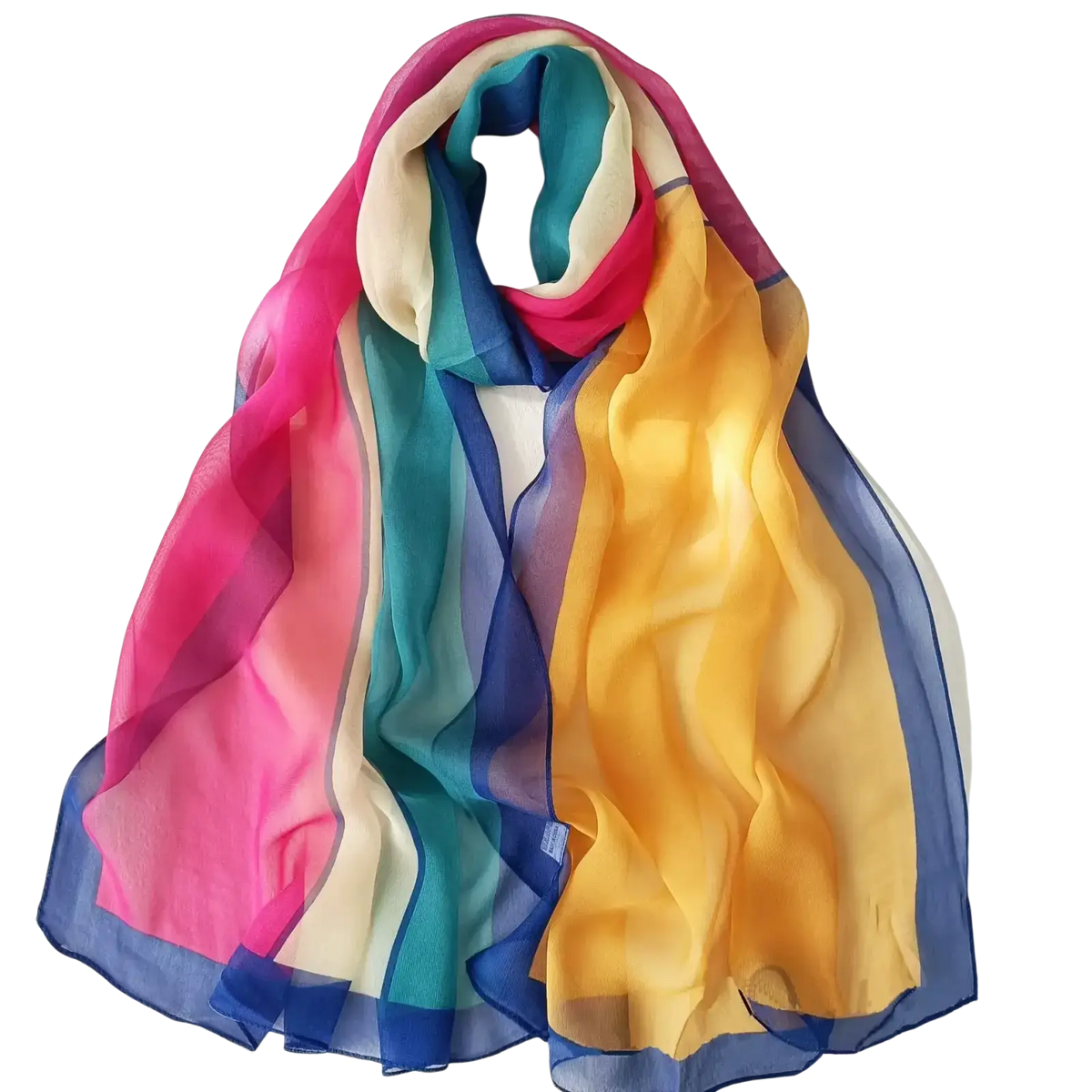 Gradient chiffon beach scarf shawl hijab with vibrant flowing rainbow stripes in pink teal yellow and blue