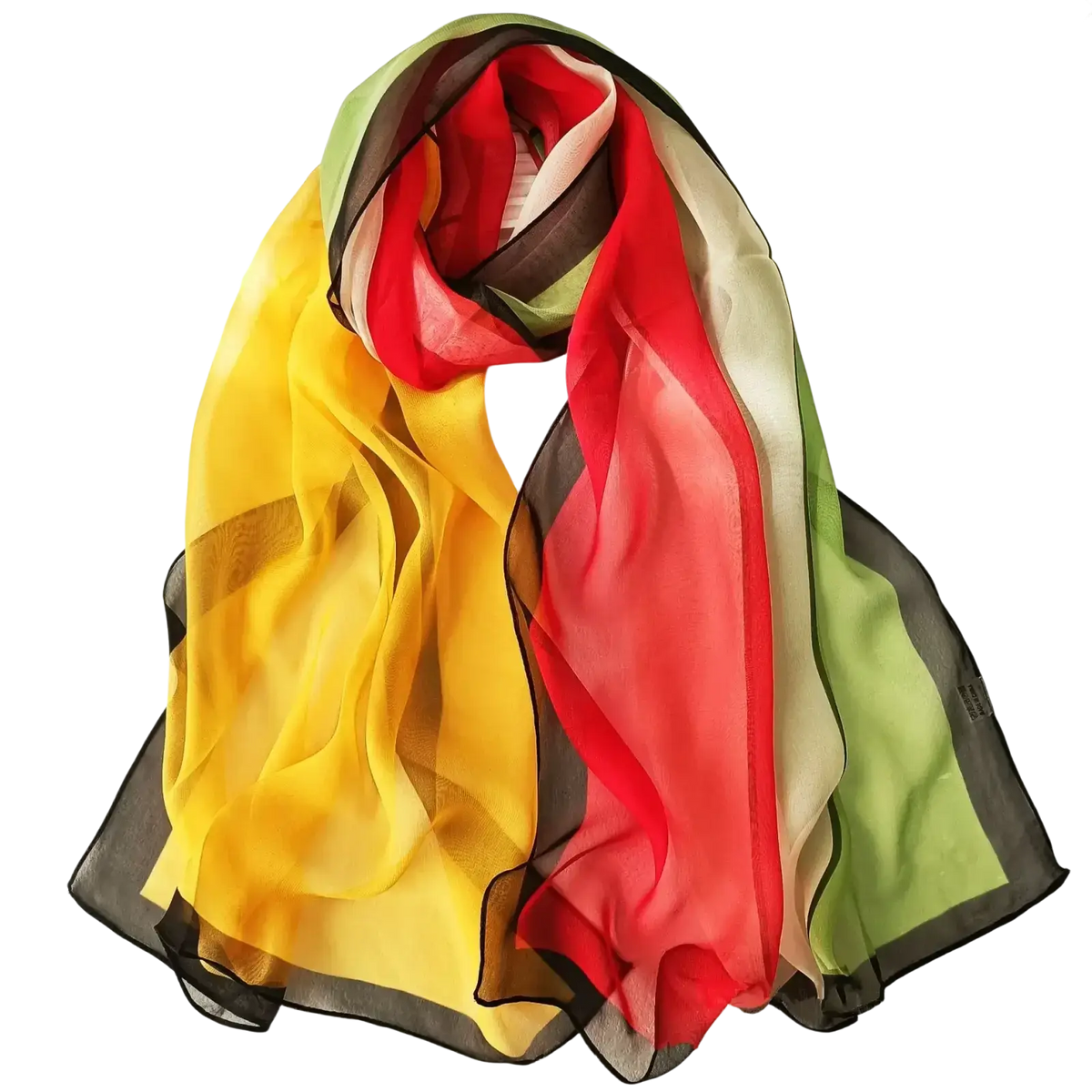 A vibrant chiffon beach scarf shawl with flowing yellow red green and black stripes for versatile use including hijab