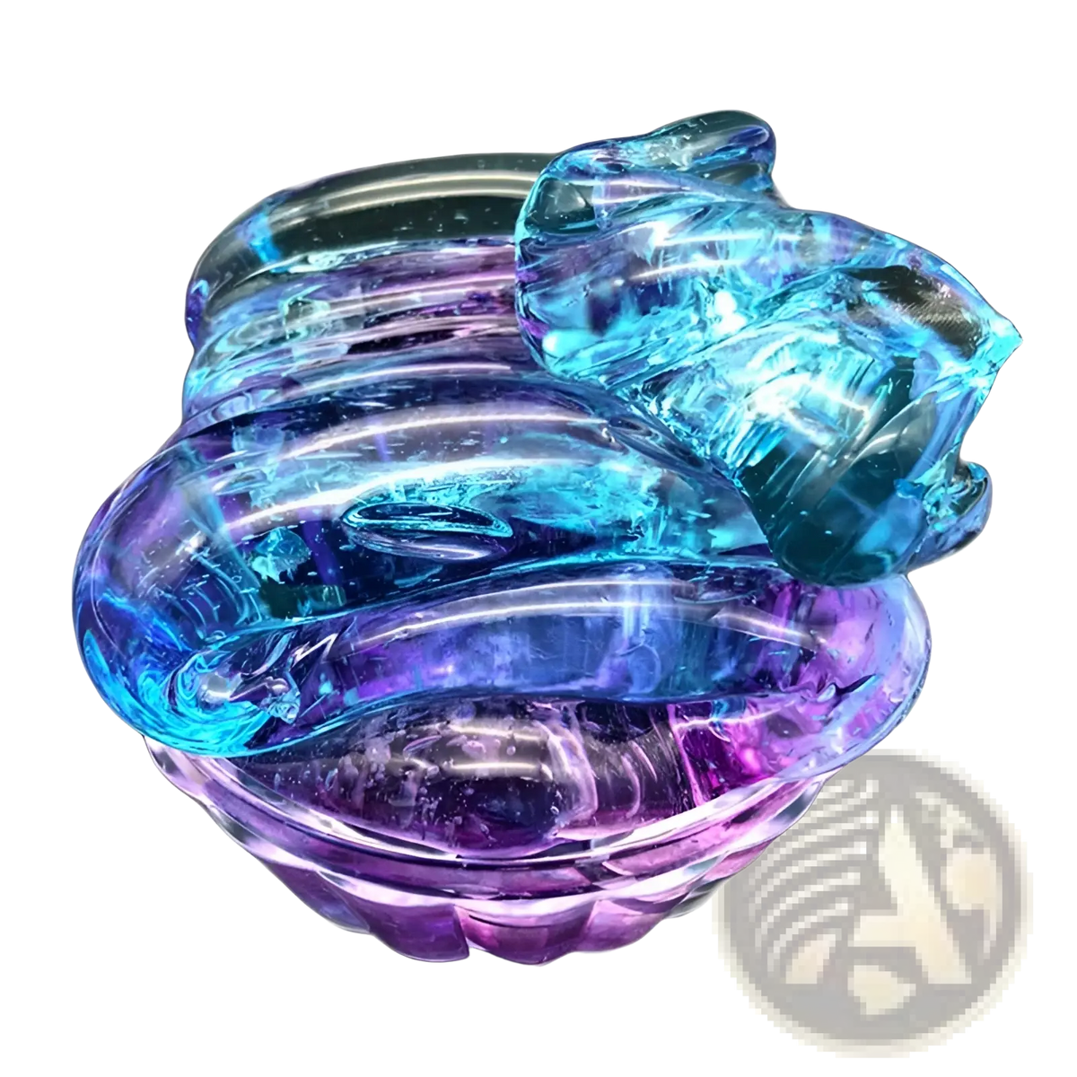 A translucent iridescent glass sculpture of a coiled snake in vibrant blue and purple hues for gradient crystal mud slime putty toy