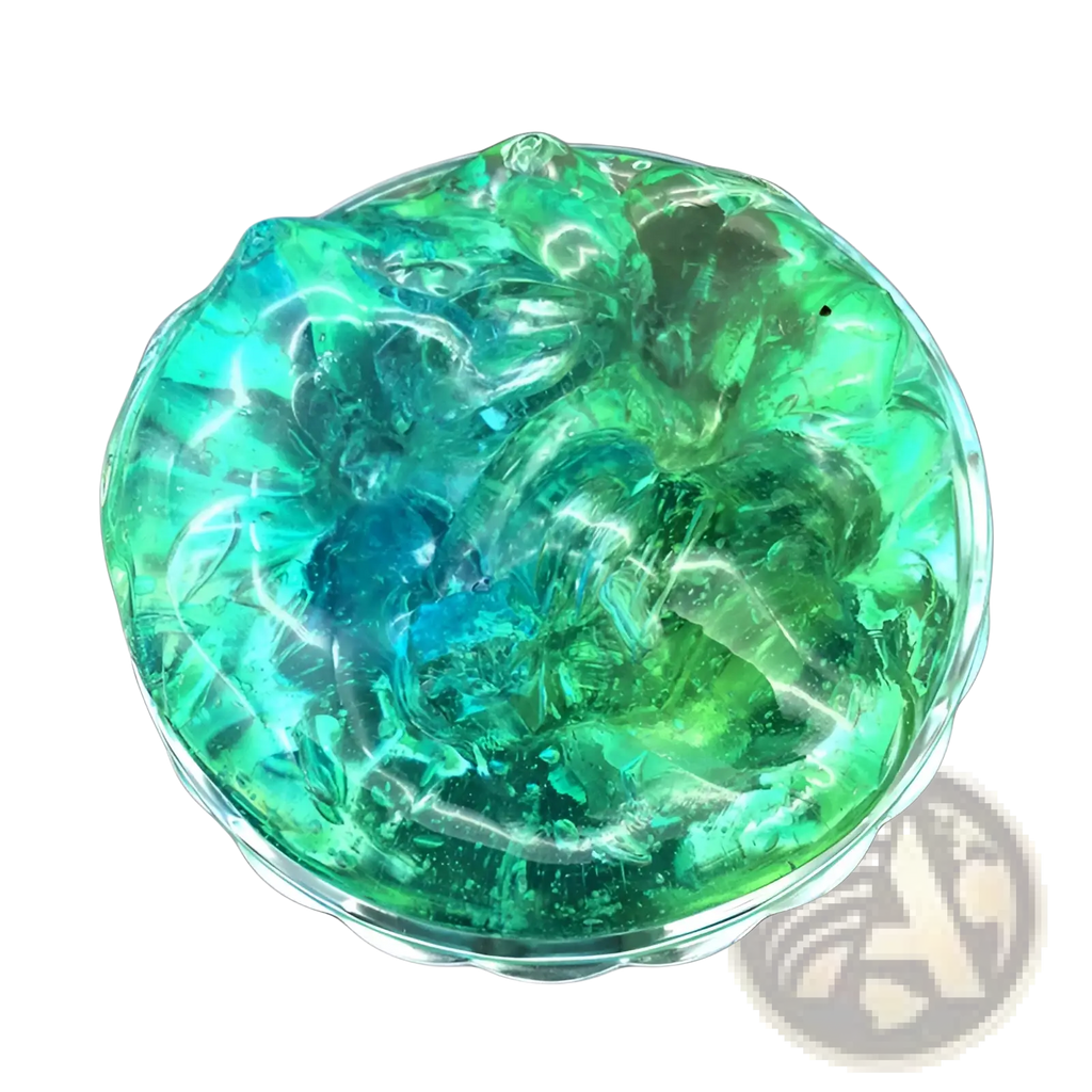 Gradient crystal mud slime blue and purple putty toy in a translucent iridescent green and blue gel in a clear circular dish