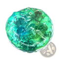 Gradient crystal mud slime blue and purple putty toy in a translucent iridescent green and blue gel in a clear circular dish