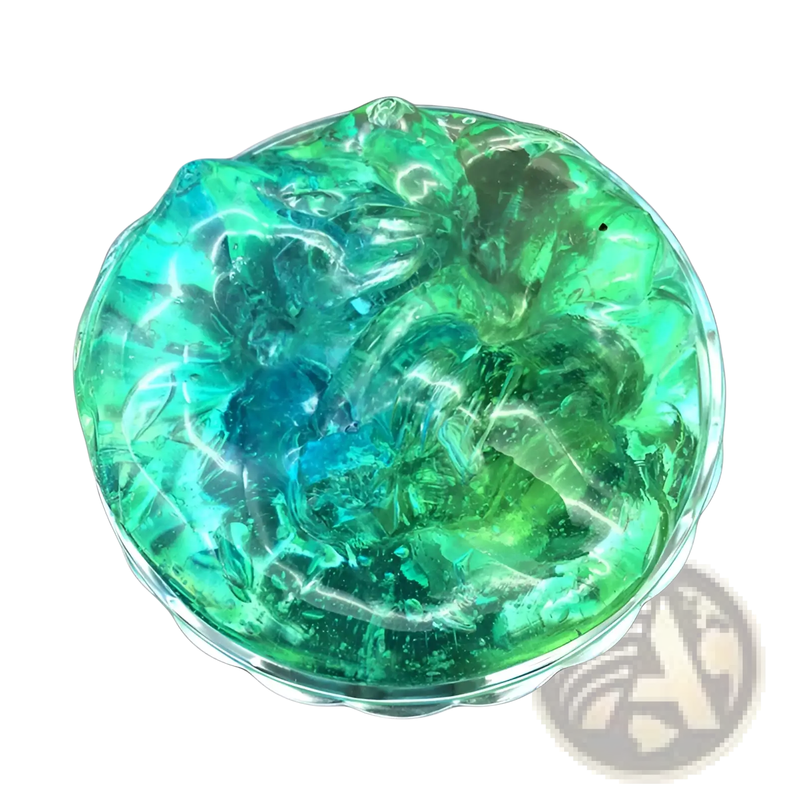 Gradient crystal mud slime blue and purple putty toy in a translucent iridescent green and blue gel in a clear circular dish