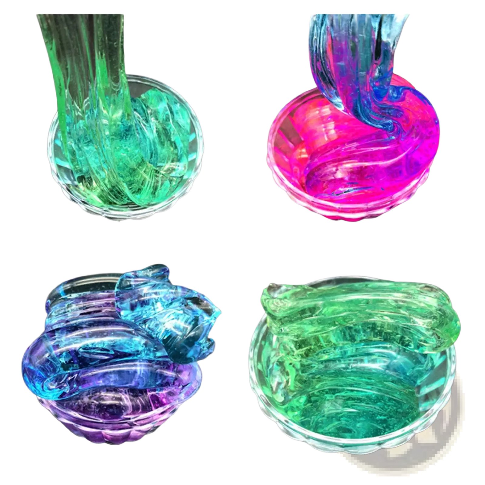 Vibrant translucent gradient crystal mud slime in neon green pink blue and purple displayed in clear glass bowls