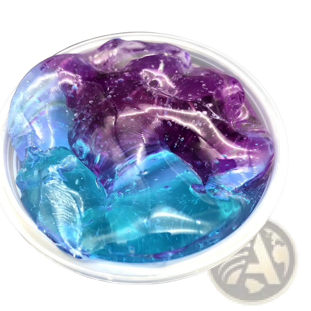 Gradient crystal mud slime blue and purple putty toy with vibrant translucent sections and subtle glittery texture in white container