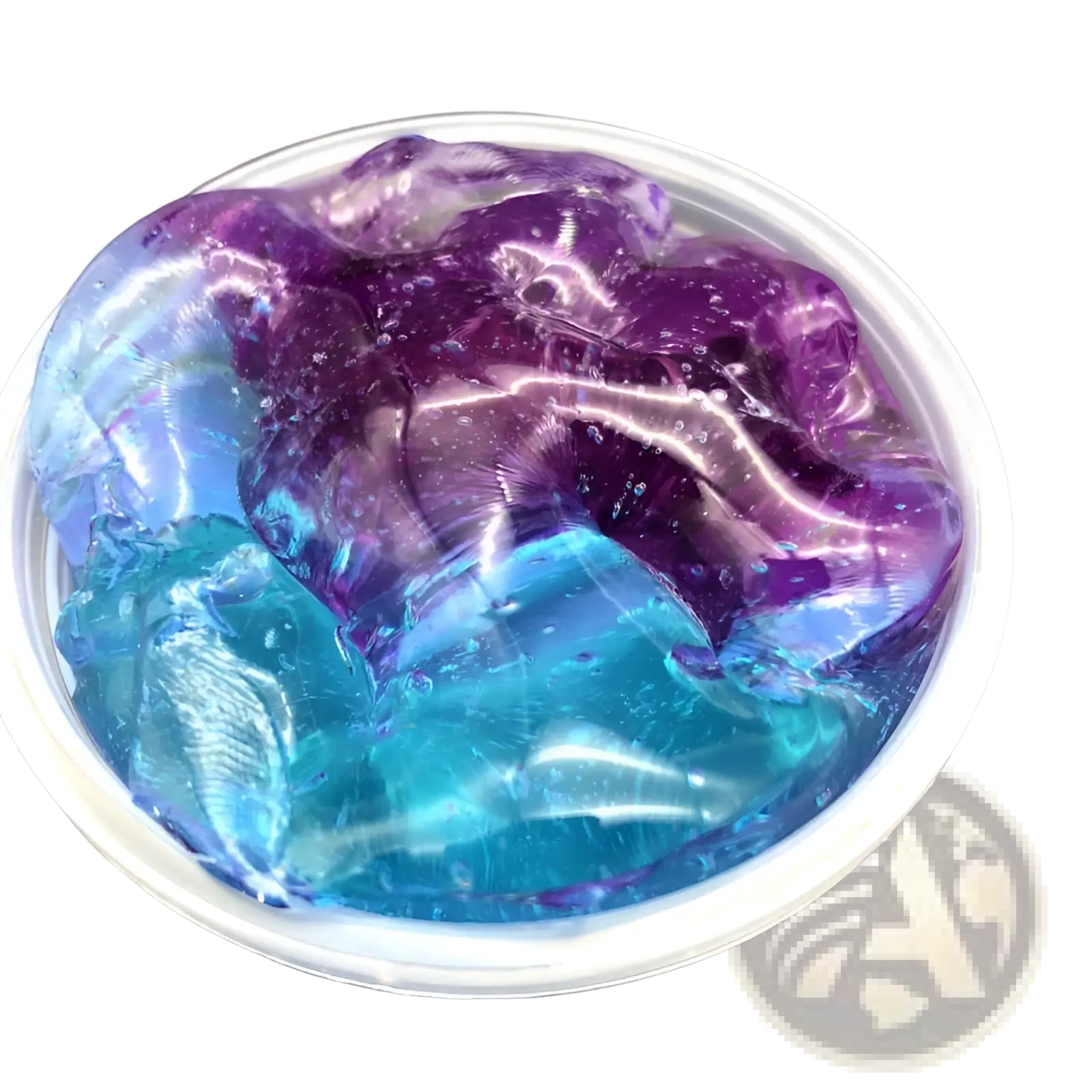 Gradient crystal mud slime blue and purple putty toy with vibrant translucent sections and subtle glittery texture in white container