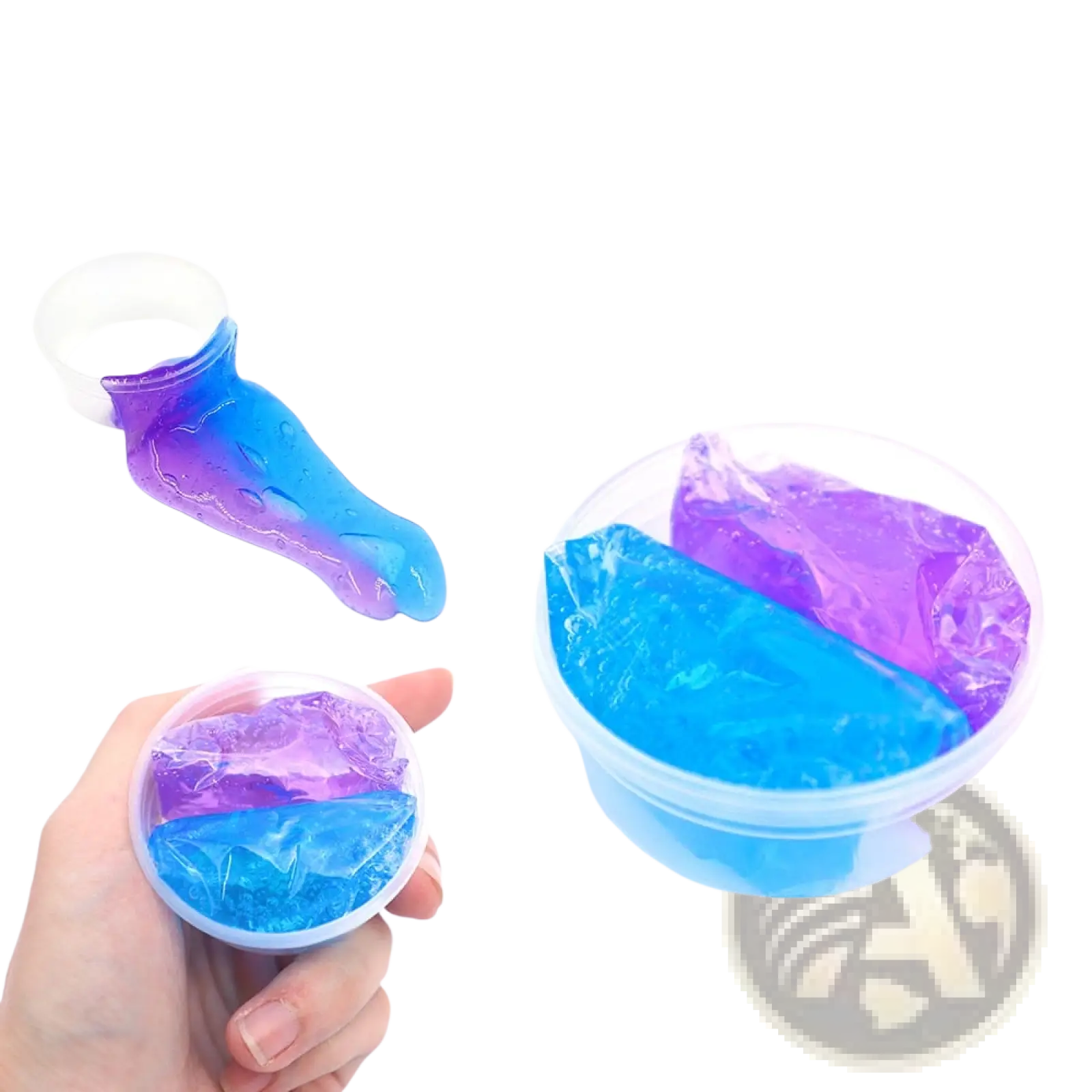 A vibrant glossy blue and purple gradient crystal mud slime putty toy in a clear plastic container