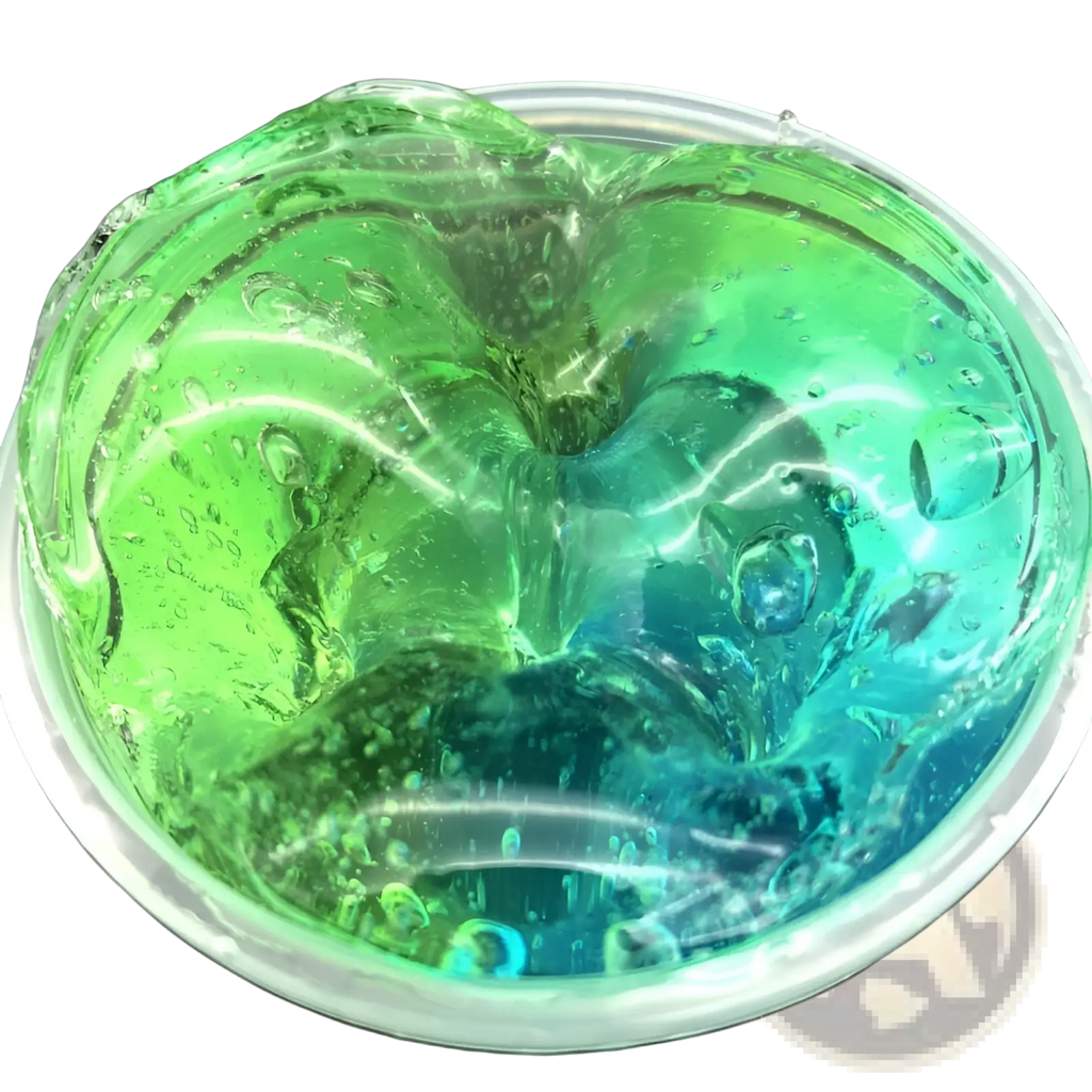 Gradient crystal mud slime blue and purple putty toy featuring vibrant green and blue slime in a clear plastic container