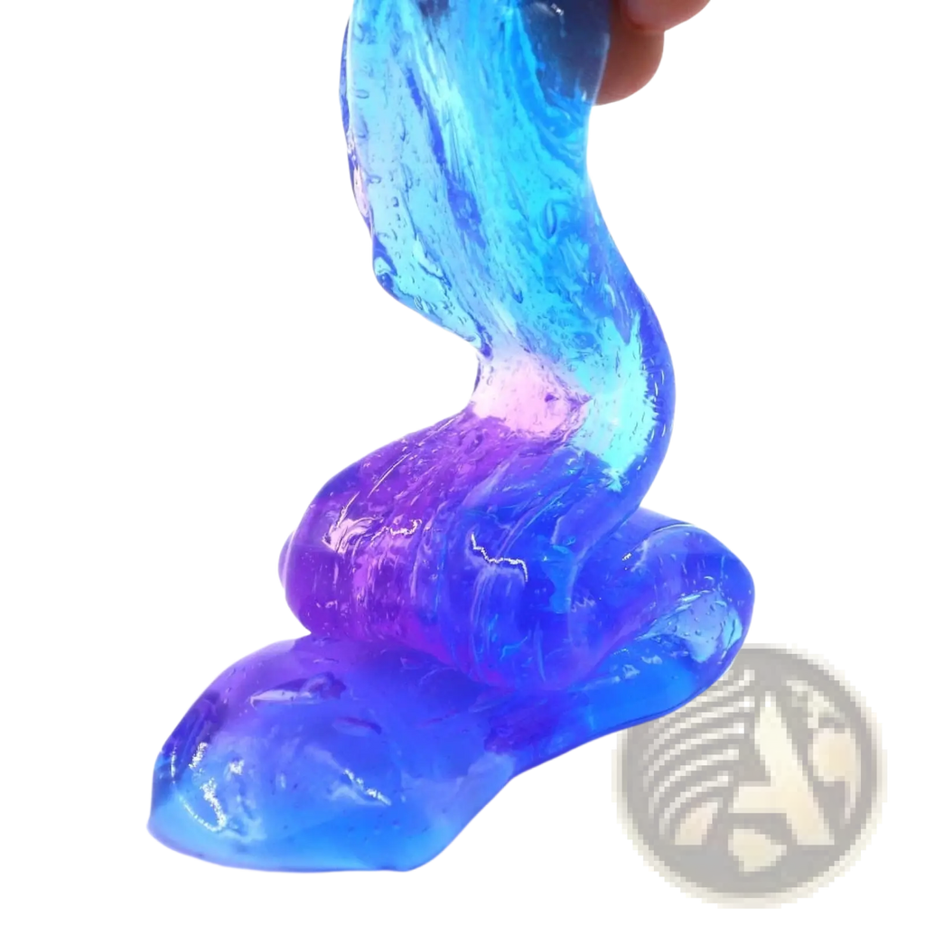 A vibrant translucent blue and purple gradient crystal mud slime with a glossy stretchy texture being pulled from the top