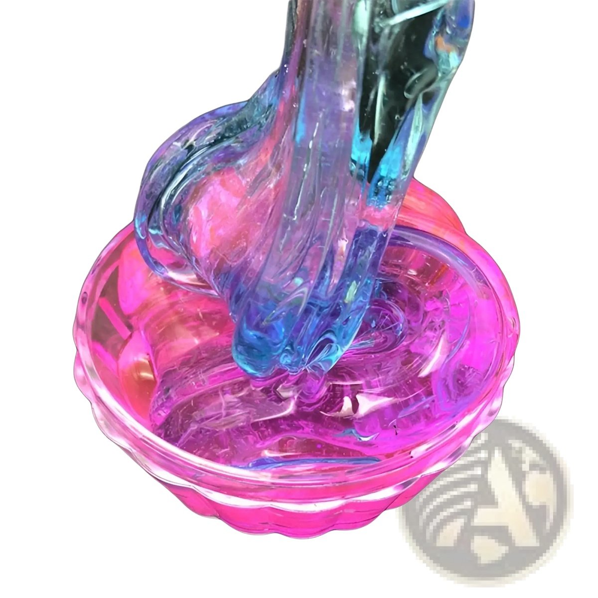A vibrant iridescent gradient crystal mud slime blue and purple putty toy stretched over a pink scalloped bowl