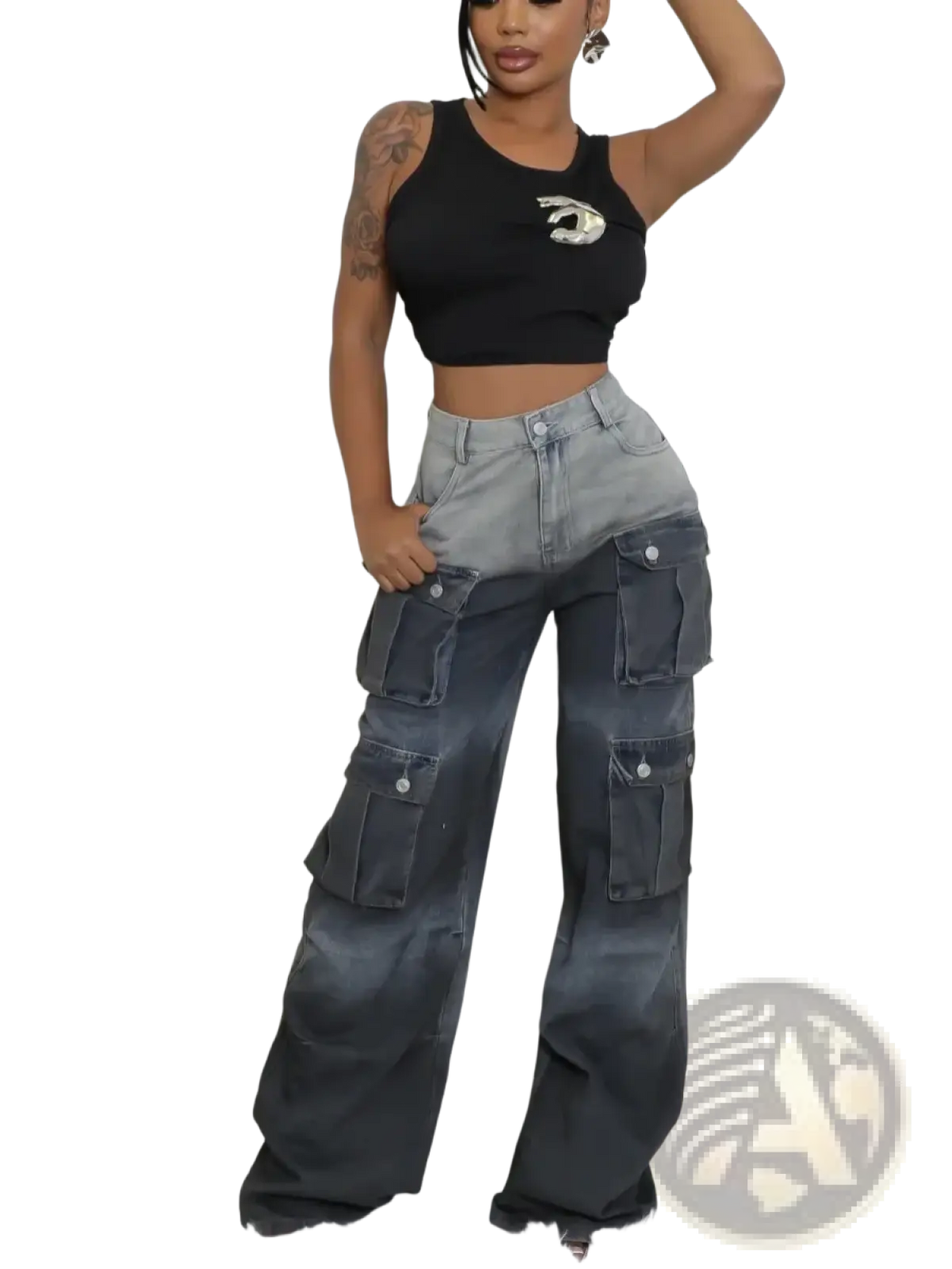 Black and gray gradient denim cargo jeans with high waist and large pockets for baggy streetwear style