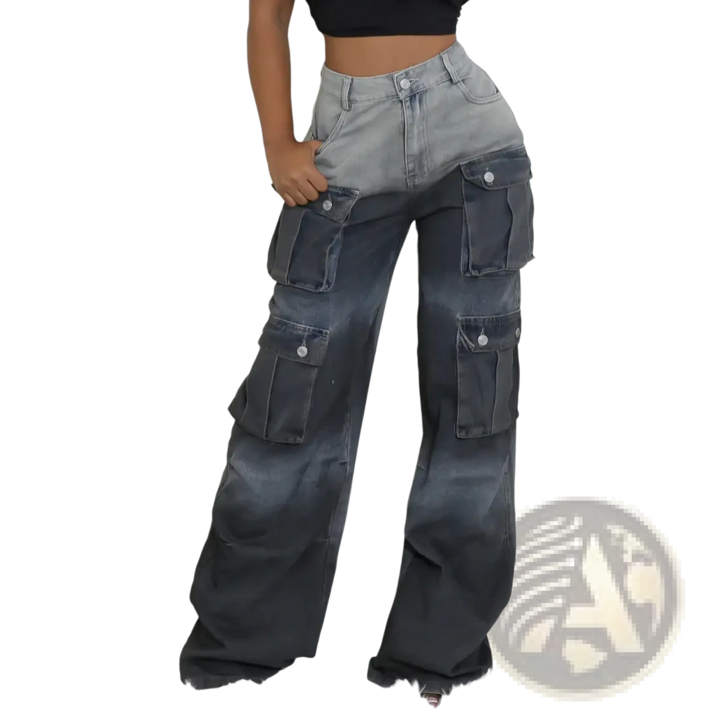 High-waisted gradient denim cargo jeans transitioning from light gray to dark charcoal in baggy streetwear style