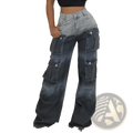 High-waisted gradient denim cargo jeans transitioning from light gray to dark charcoal in baggy streetwear style