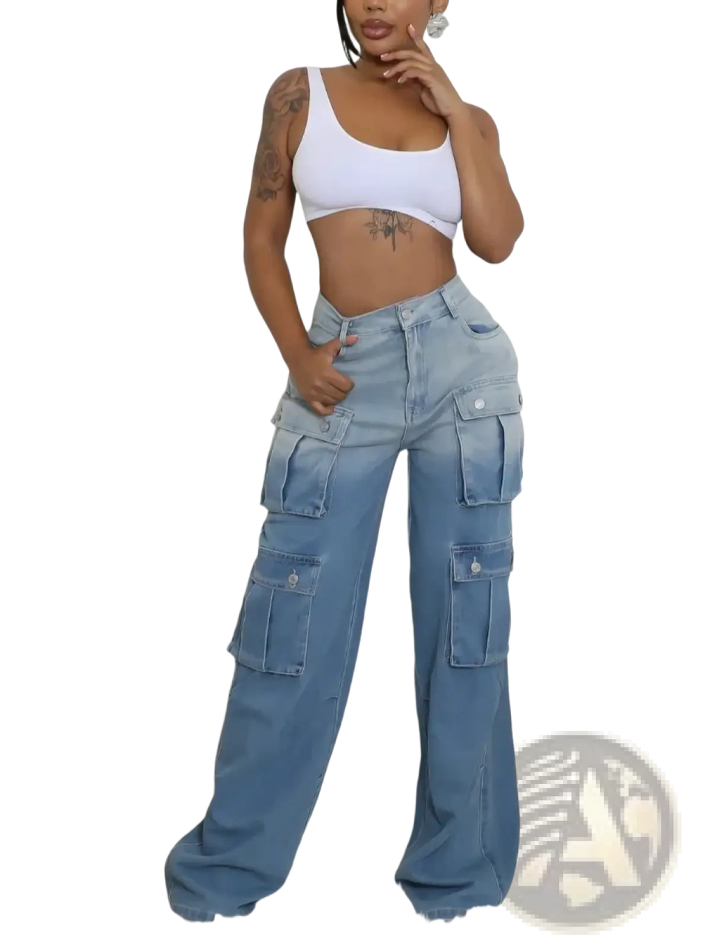 Light blue denim cargo jeans with multiple flap pockets high waist and baggy streetwear style