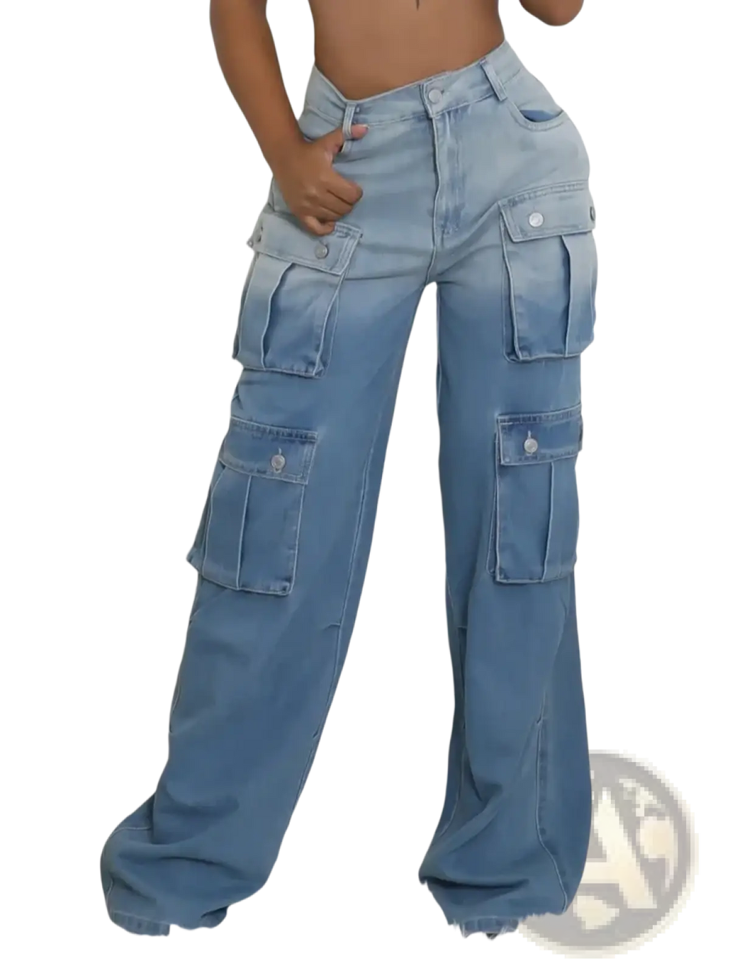 Light-wash denim cargo jeans with multiple flap pockets and a relaxed wide-leg cut high waist baggy streetwear style