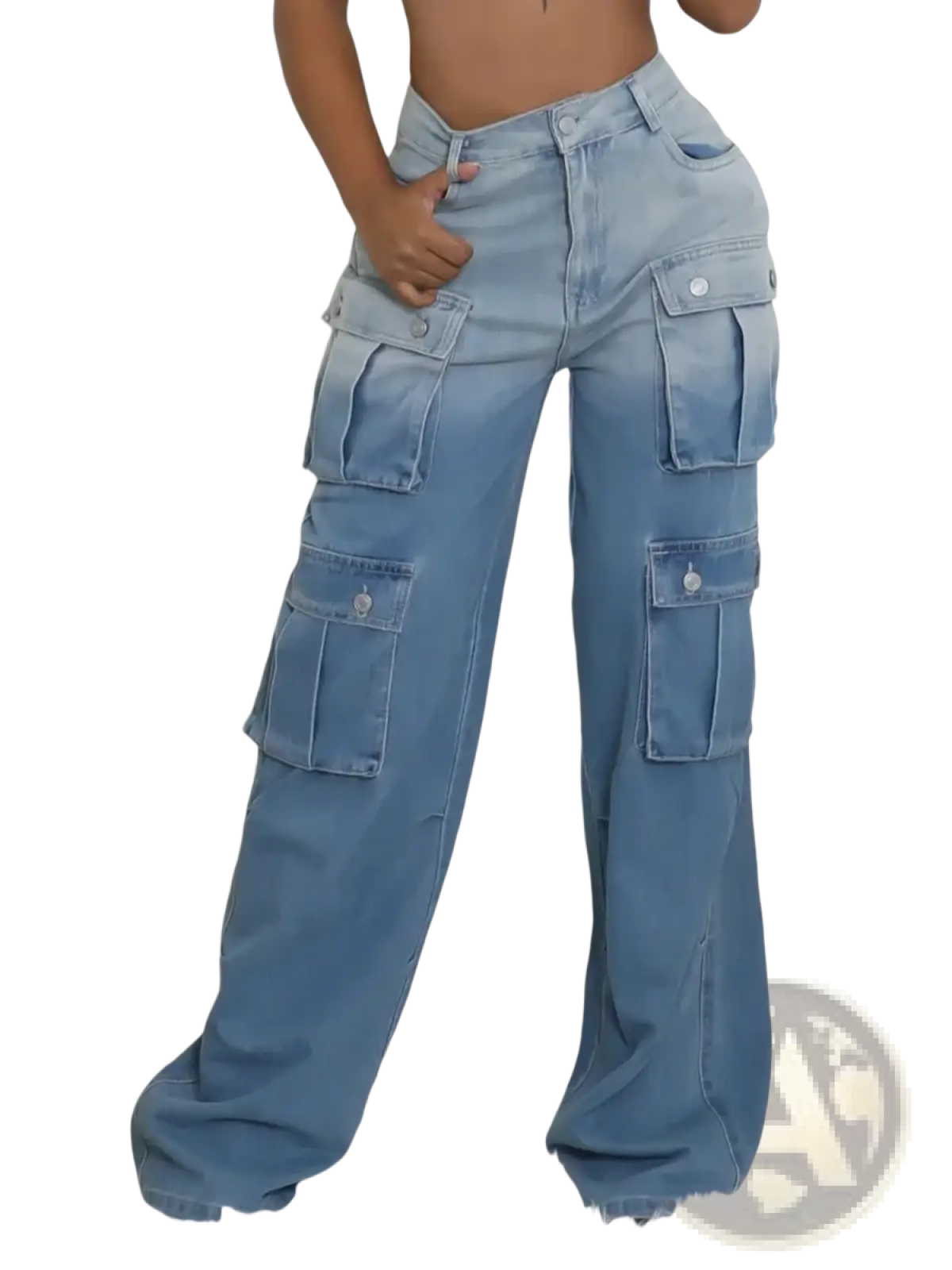 Light-wash denim cargo jeans with multiple flap pockets and a relaxed wide-leg cut high waist baggy streetwear style