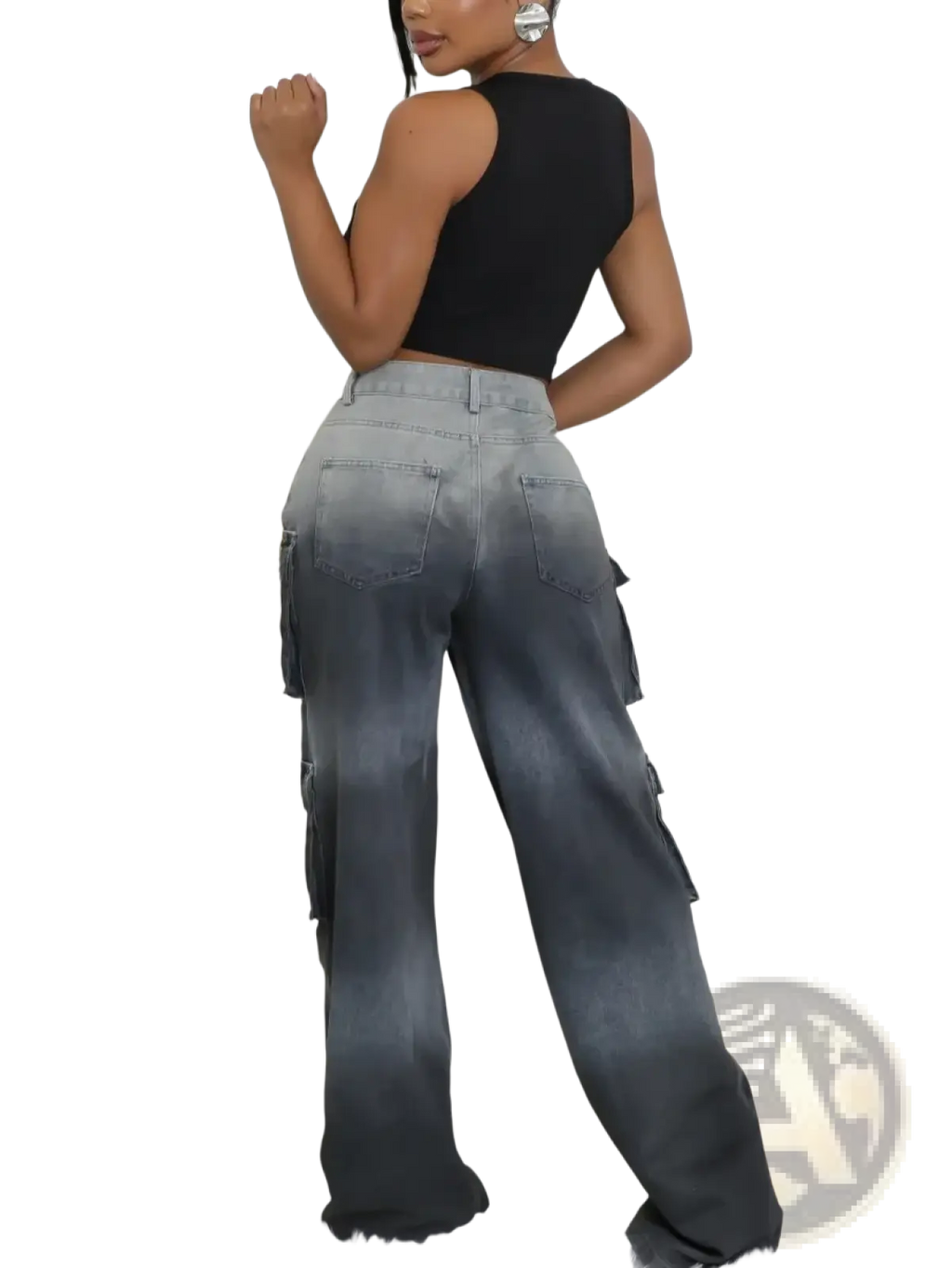 High-waisted gradient denim cargo jeans in light gray to dark charcoal with multiple pockets and relaxed fit streetwear style