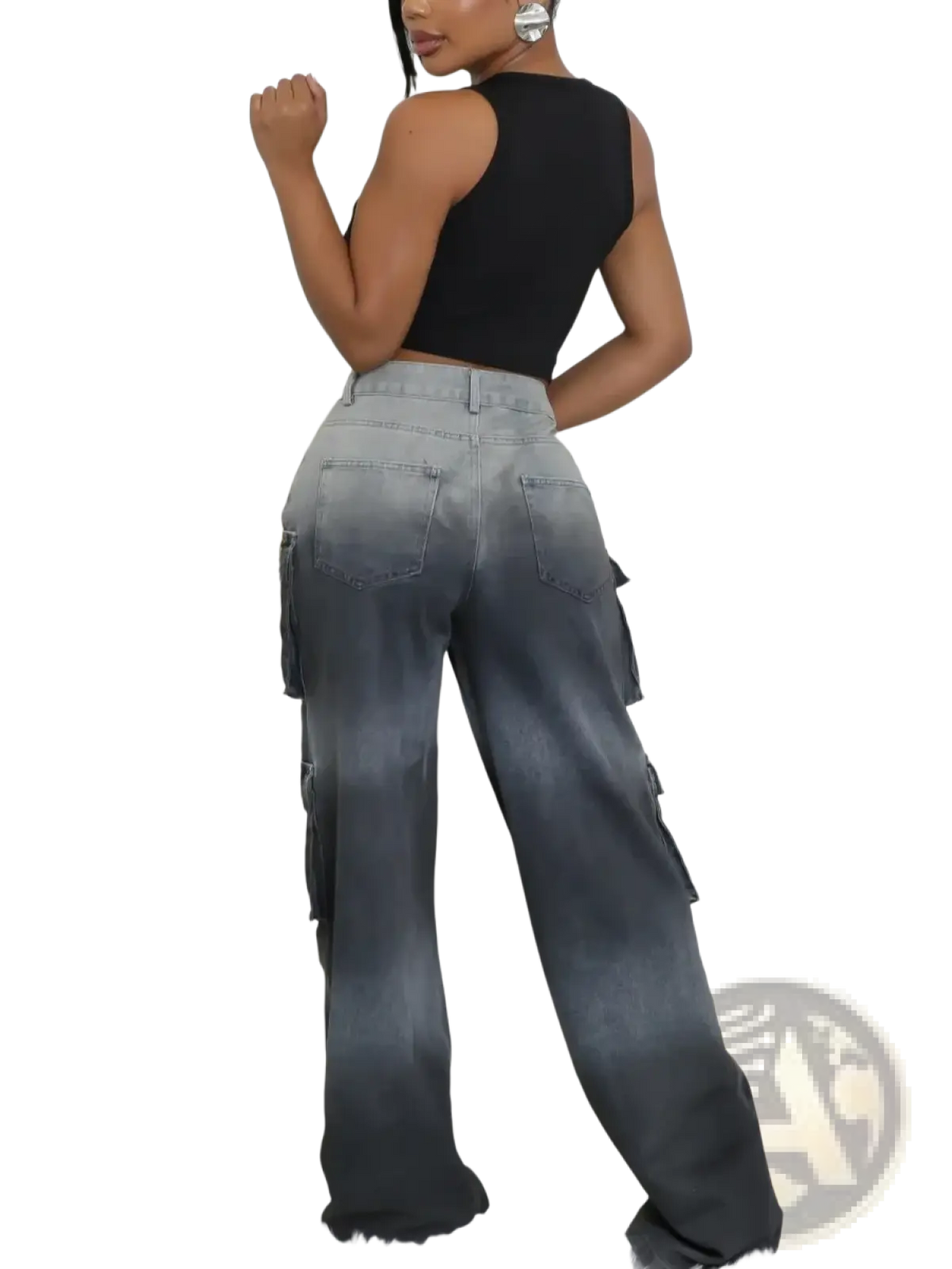 High-waisted gradient denim cargo jeans in light gray to dark charcoal with multiple pockets and relaxed fit streetwear style