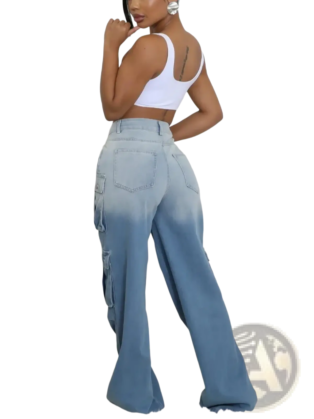 High-waisted light blue denim cargo jeans with gradient fade and multiple side pockets for baggy streetwear style