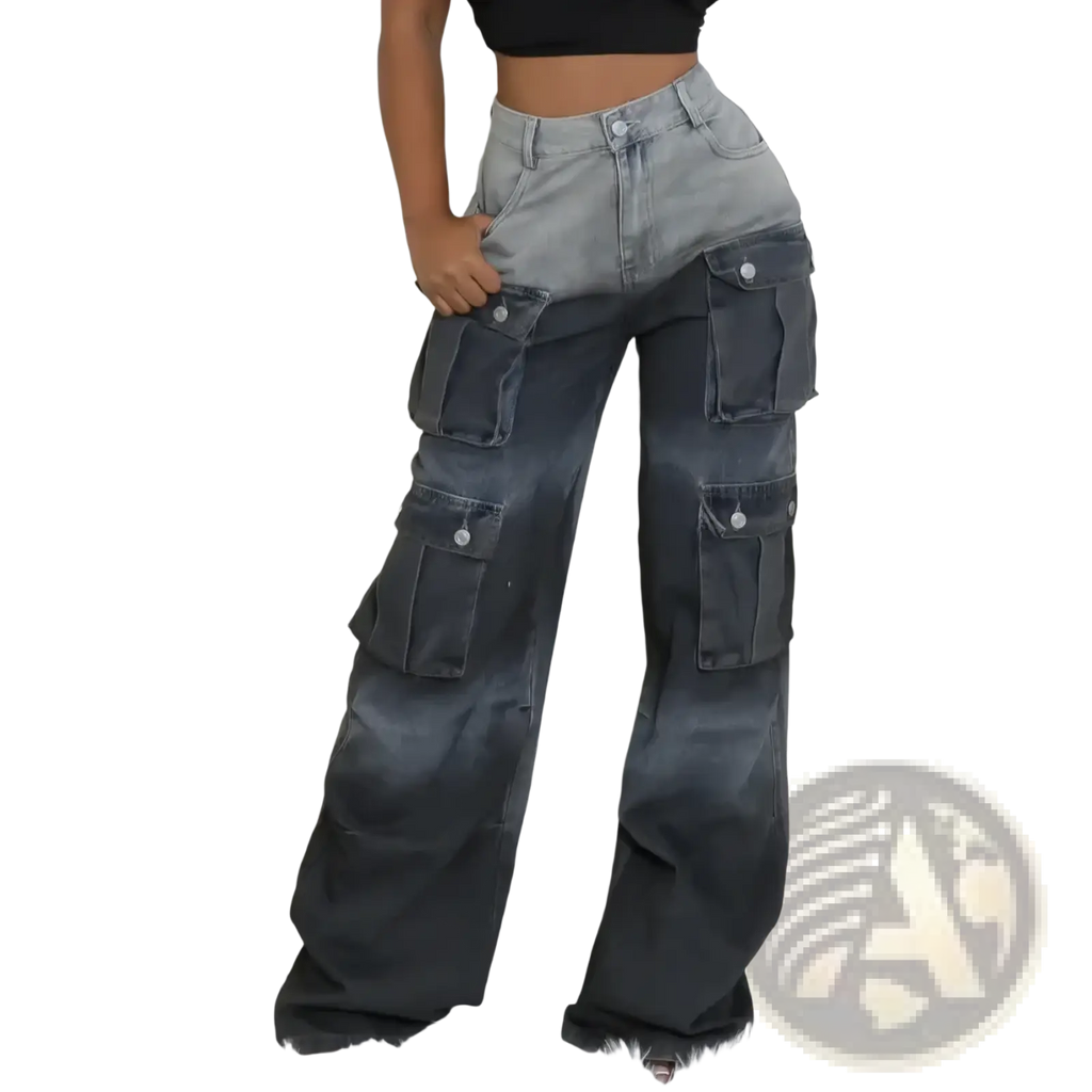 High-waisted cargo jeans in faded denim with gradient wash gray to charcoal and silver button closures for streetwear