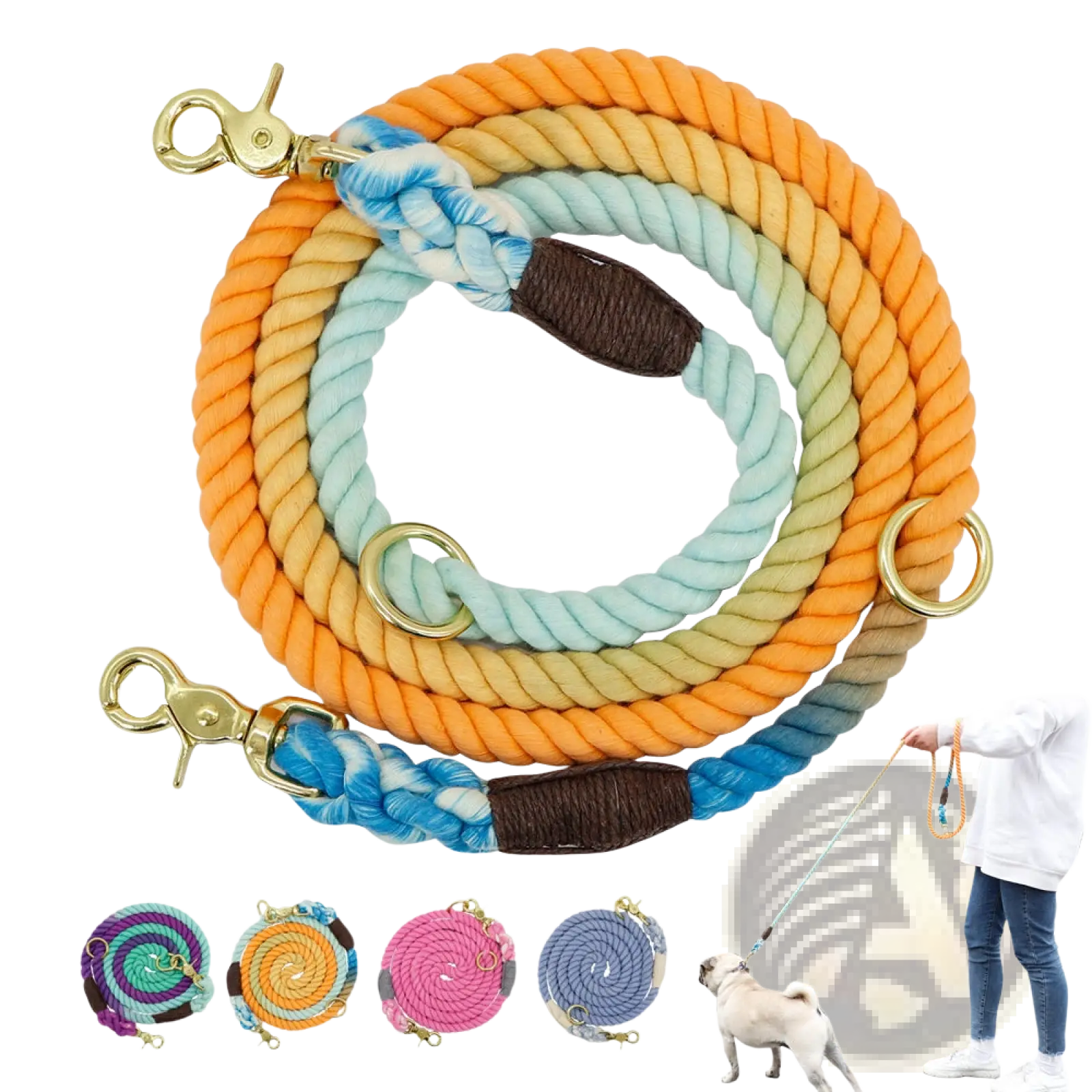 Gradient dog leash braided rope training lead coiled in vibrant orange and teal with brass hardware and leather grip