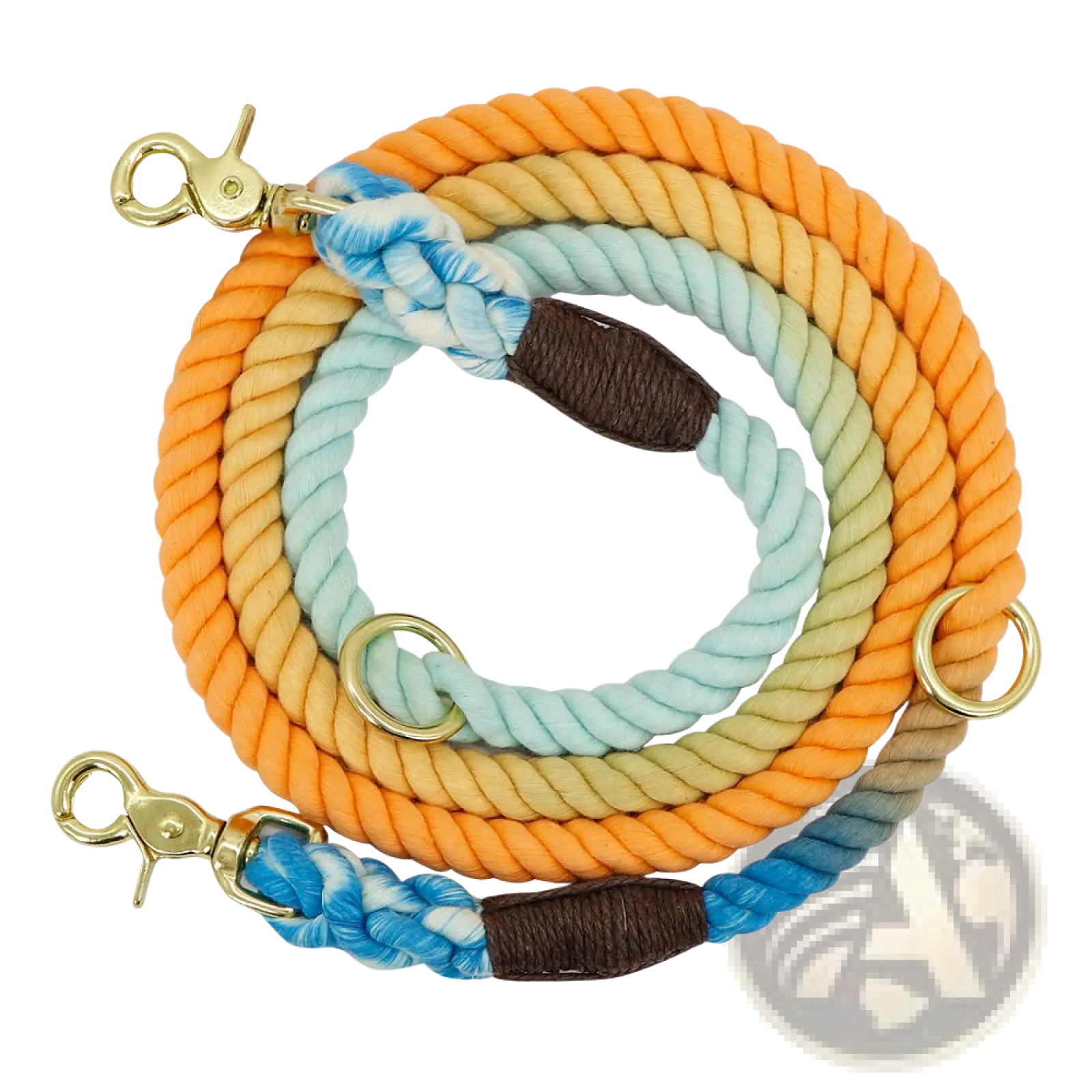 Gradient dog leash braided rope featuring colorful orange and blue sections with gold metal hardware and leather accents