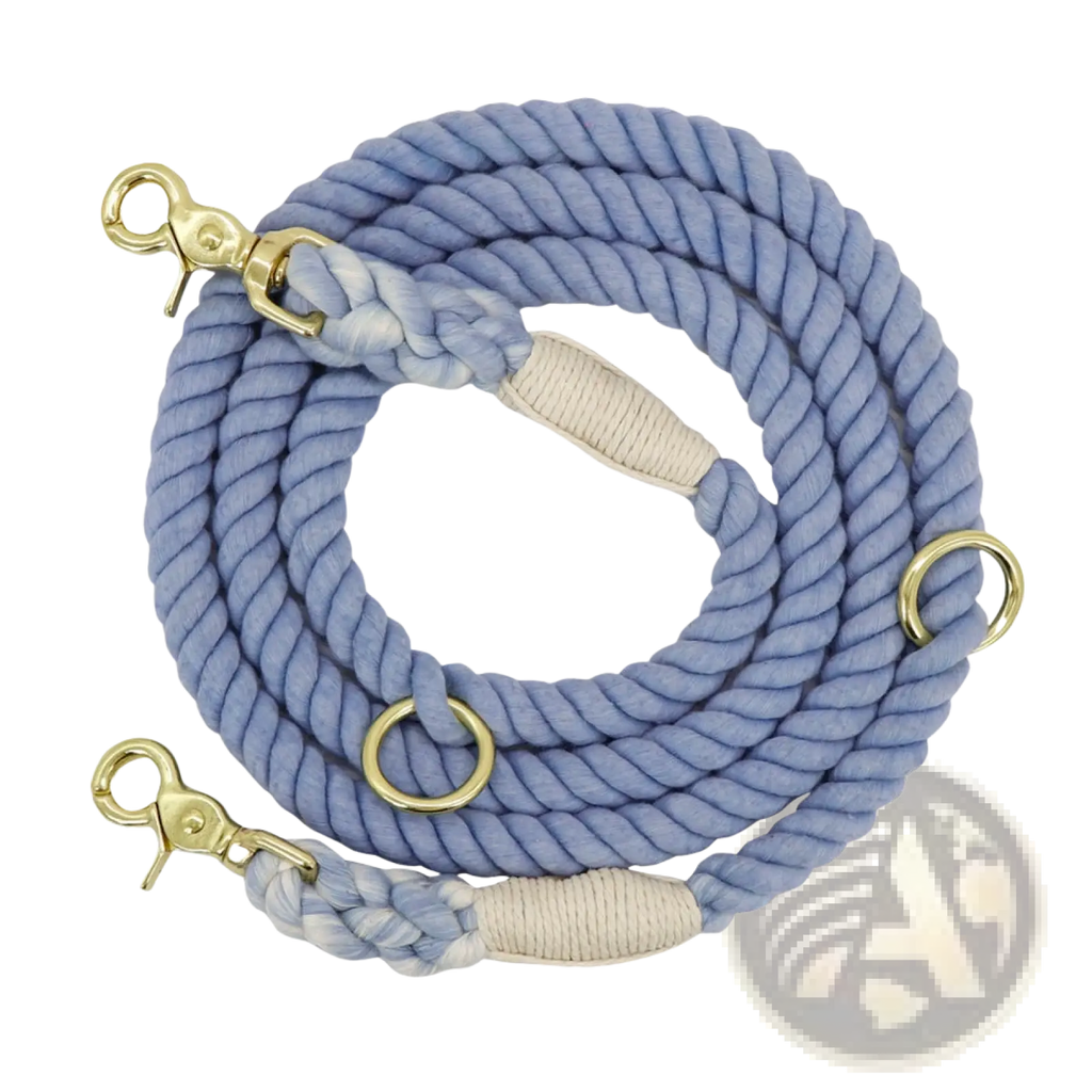 Gradient dog leash braided rope training lead in light blue with gold-toned hardware and cream woven handles