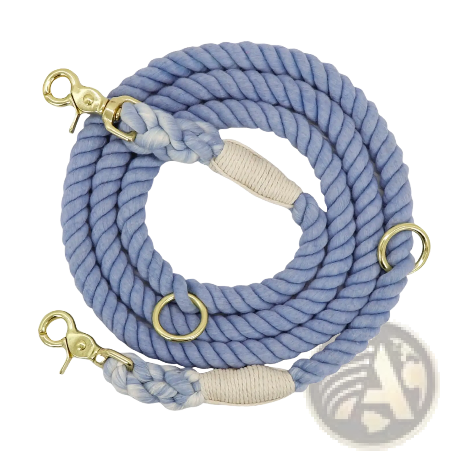 Gradient dog leash braided rope training lead in light blue with gold-toned hardware and cream woven handles