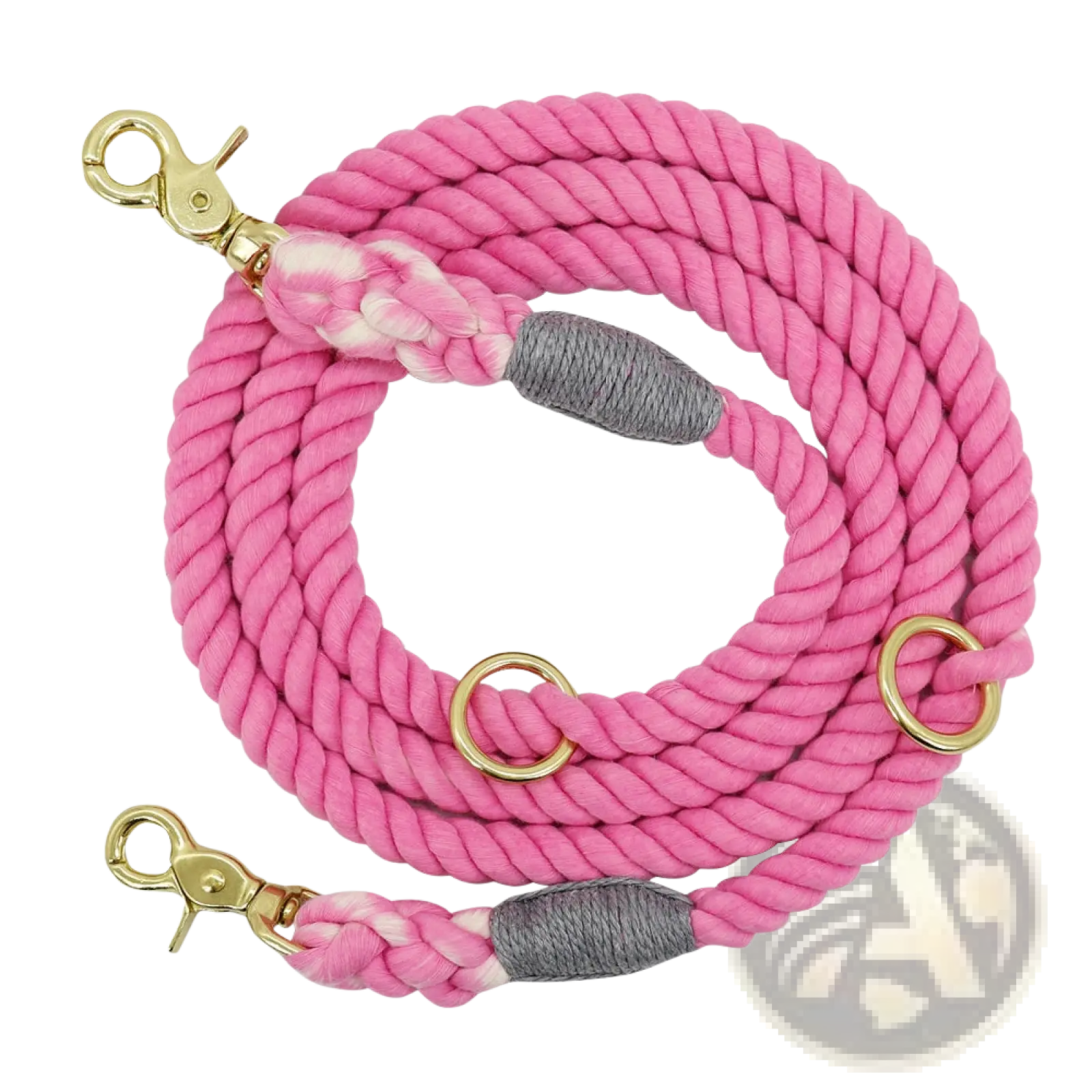 Gradient dog leash braided rope featuring pink braided rope with gold-tone hardware and gray fabric-wrapped handles