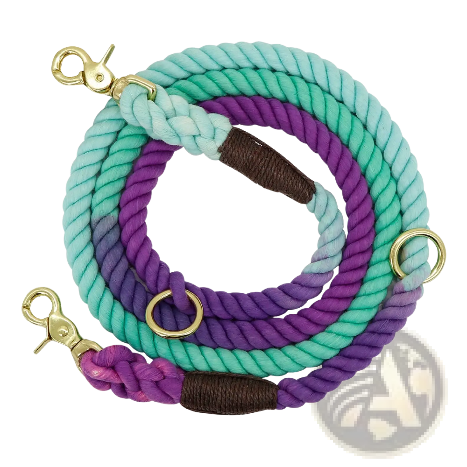A coiled gradient dog leash braided rope training lead in teal to purple with brown leather and gold metal hardware