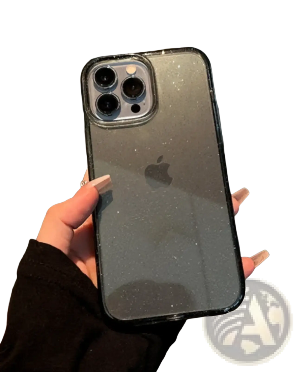 Back side of a sleek transparent gradient glitter clear iphone case with black edges for iphone 13 pro
