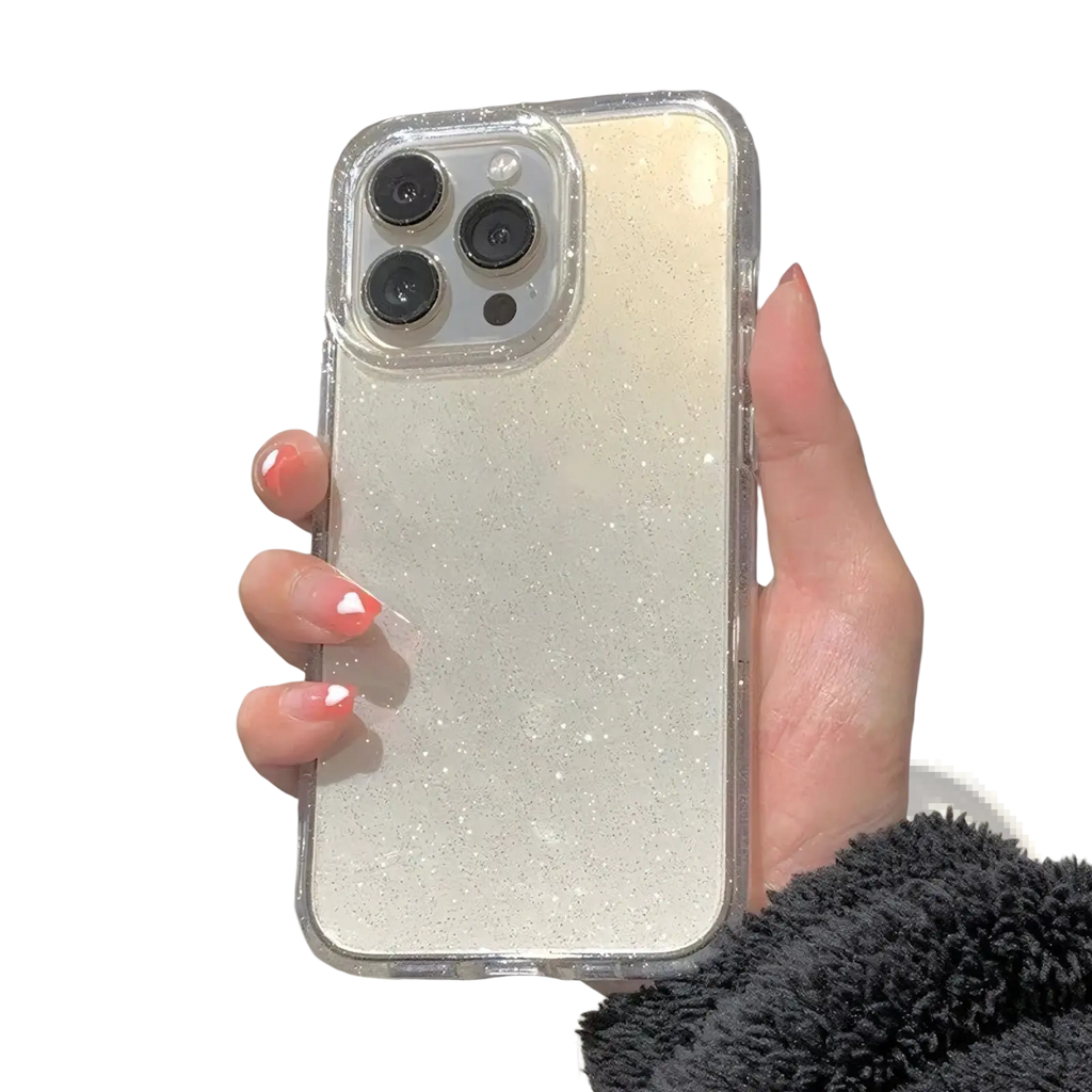 Back side of a clear gradient glitter iphone case with a subtle shimmer finish for protective use