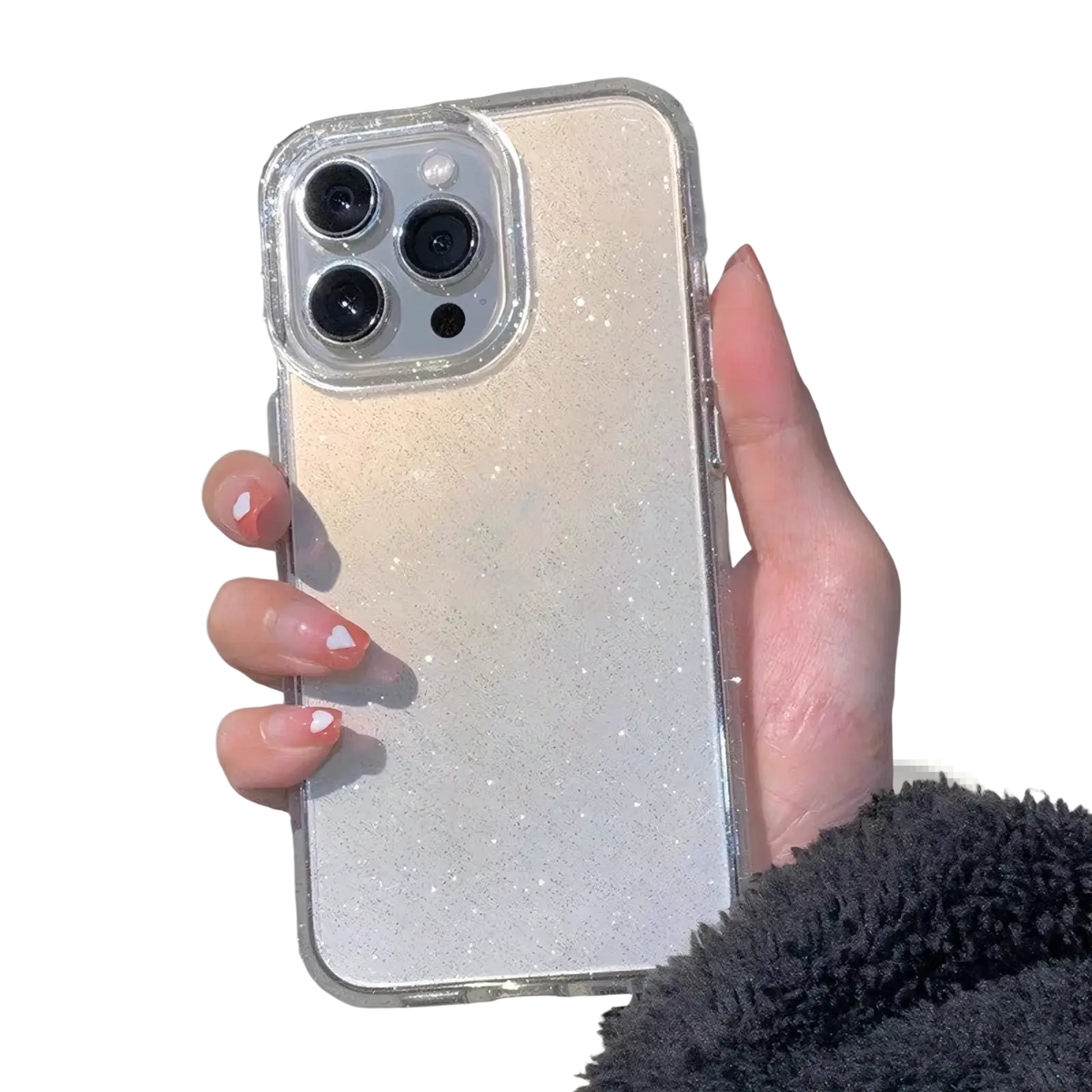 Clear glittery iphone case with subtle gradient finish shown from the back side