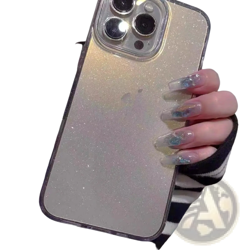 Back of a gradient glitter clear iphone case featuring a shimmering gold glitter design with a clear protective bumper for iphone 13 pro