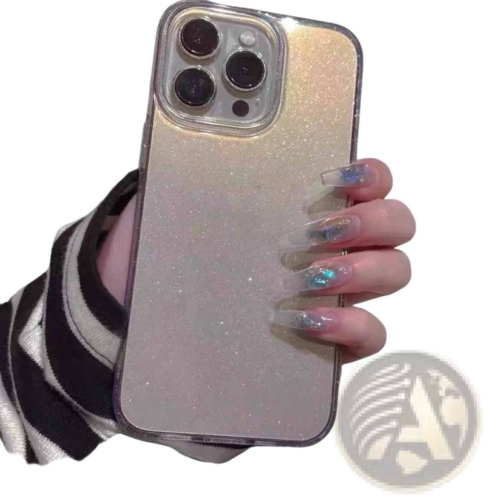 Back side of a gradient glitter clear iPhone case with shimmering gold glitter and a clear protective border