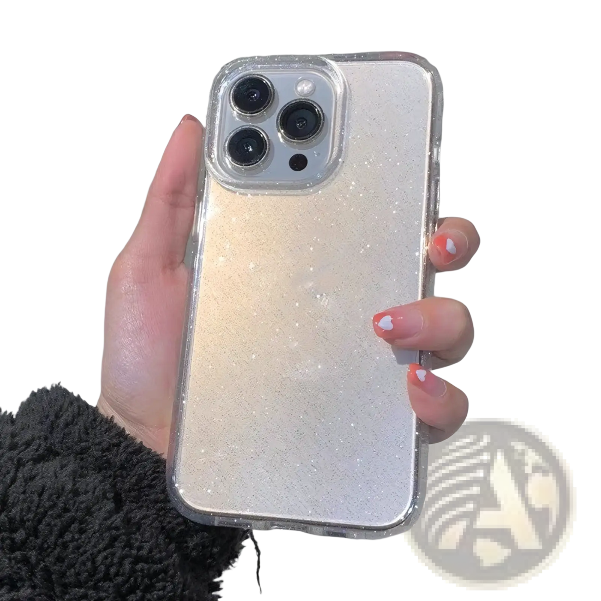 Back side of a sparkling silver glitter gradient clear iPhone case with a clear protective bumper