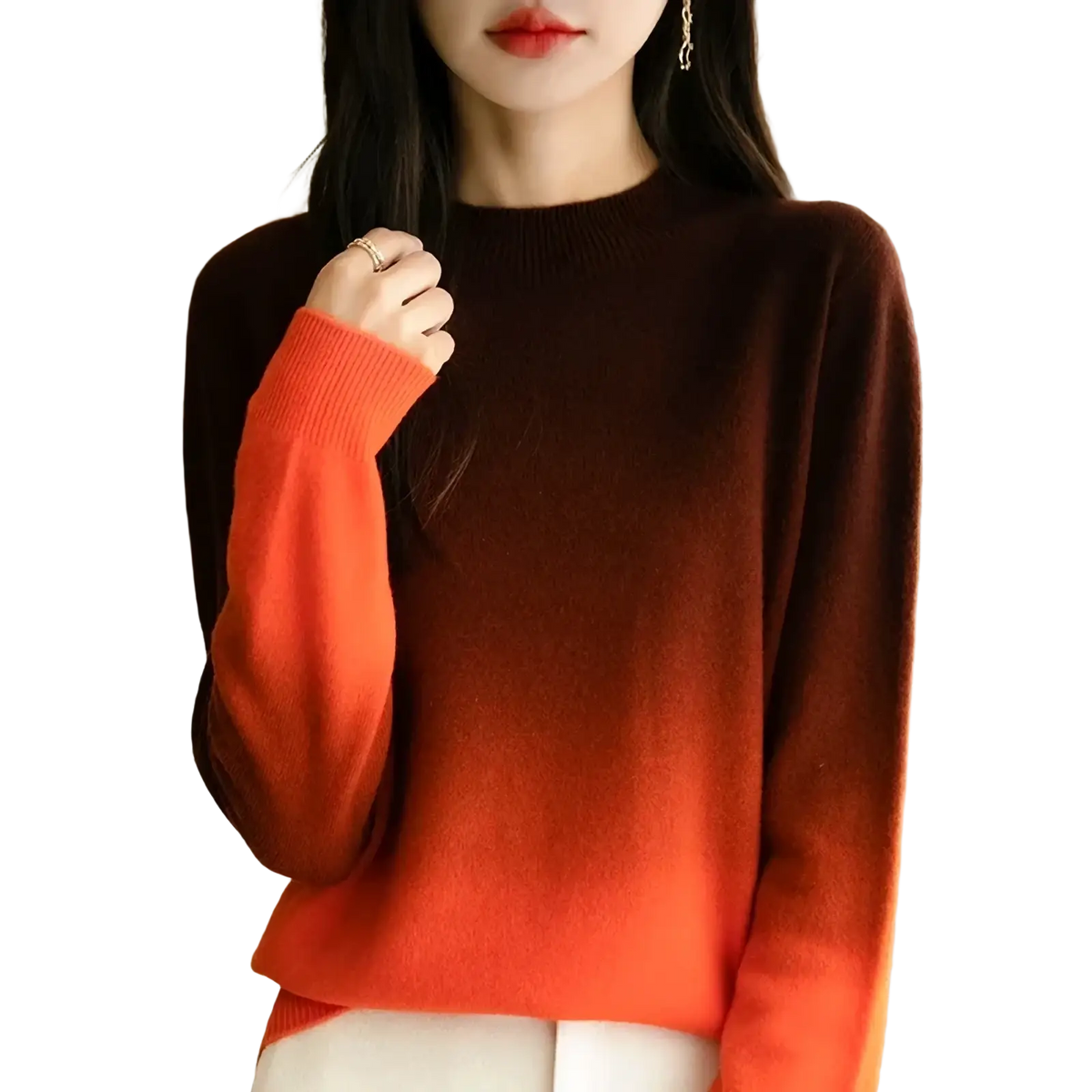 Gradient knit pullover sweater for women with warm autumn colors from deep brown to vibrant orange in long sleeves