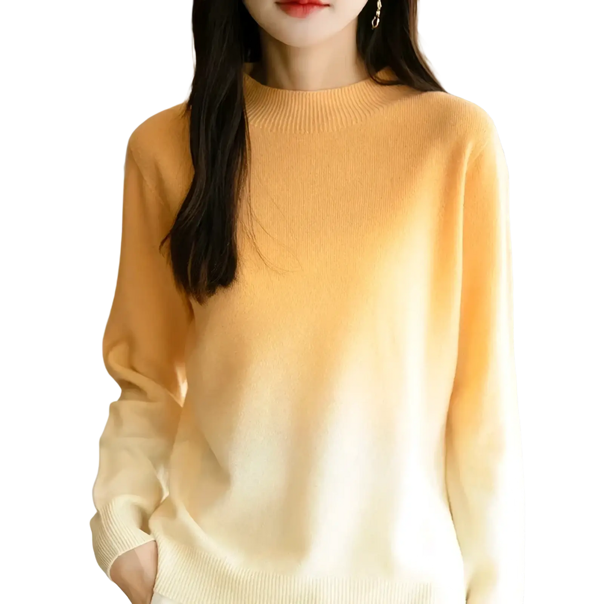 Gradient knit pullover sweater for women with a soft ribbed crew neckline and warm orange to creamy white colors