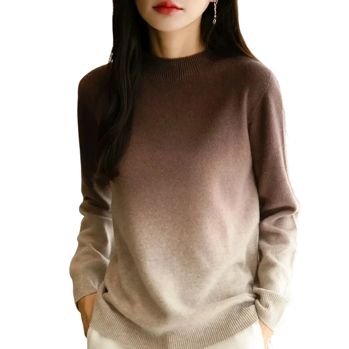 A soft long-sleeved knit pullover sweater for women with gradient brown to beige colors for warm autumn wear