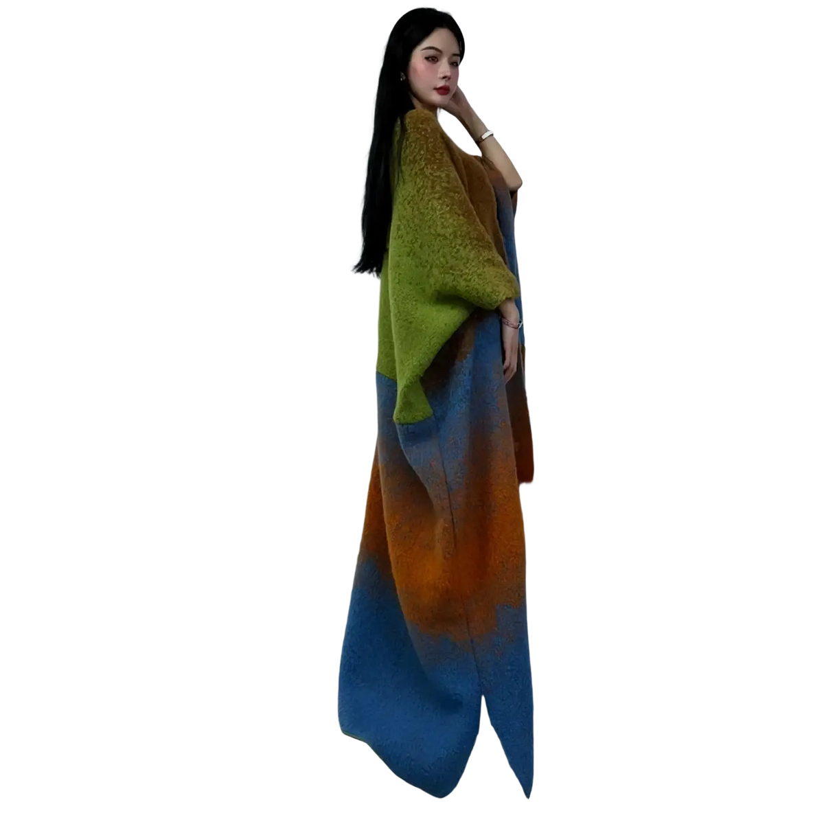 Gradient knit wool cape coat with long sleeves featuring a cozy olive green to blue and orange color blend