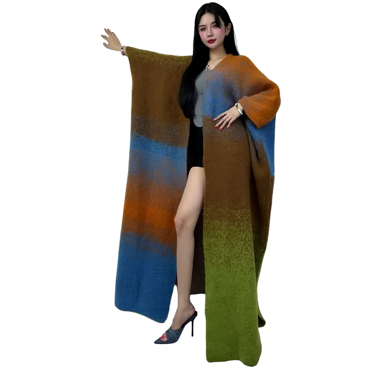 Gradient knit wool cape coat long cardigan with soft textured fabric in brown orange blue and green shades