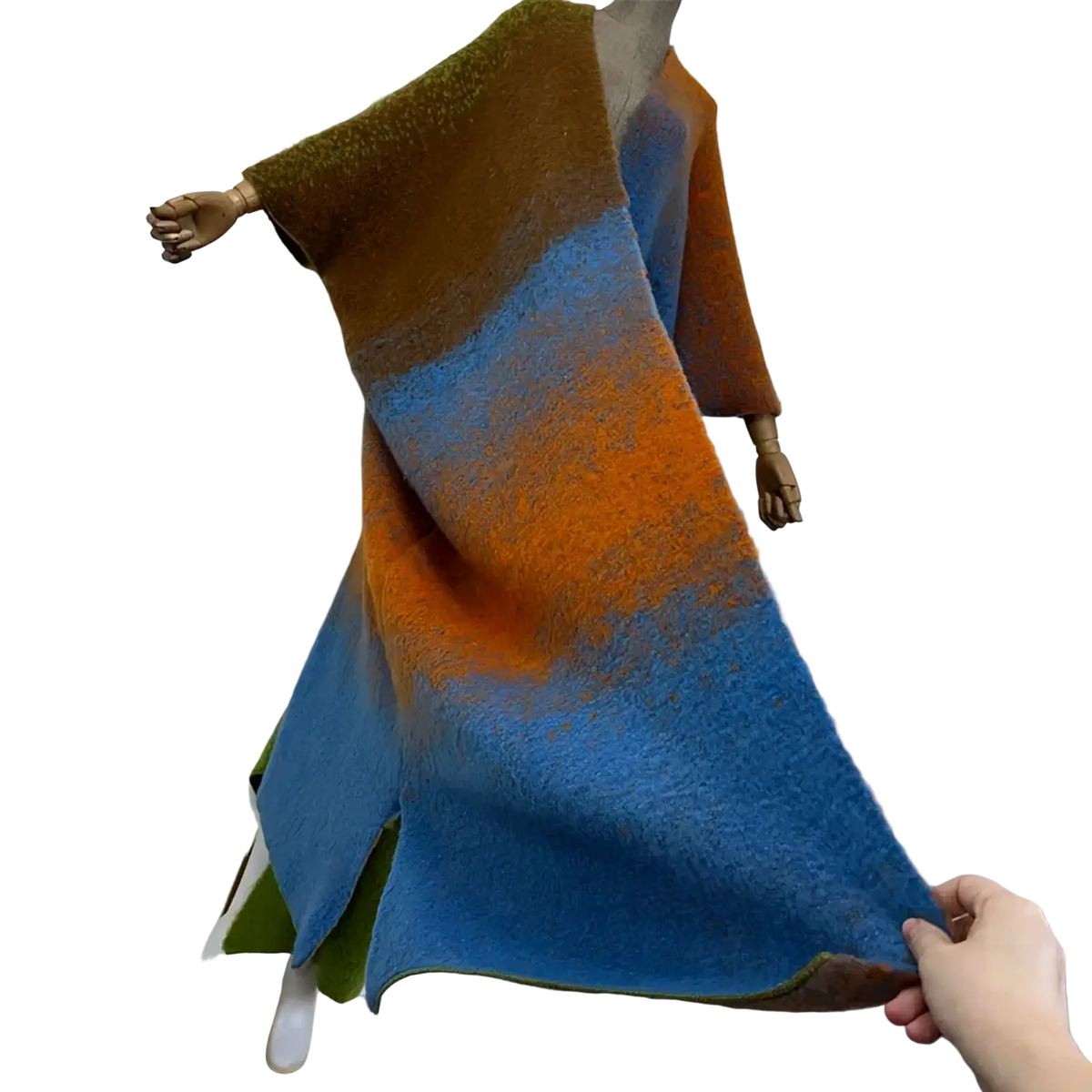Winyi gradient knit wool cape coat featuring a soft textured woolen shawl with flowing multicolor design