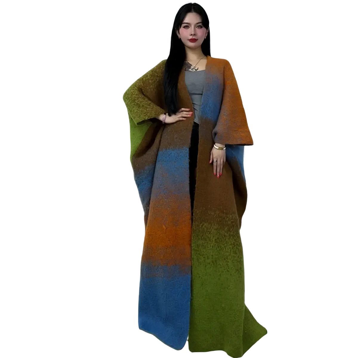 Winyi long color-blocked gradient knit wool cape coat in green orange and blue shown from the back side