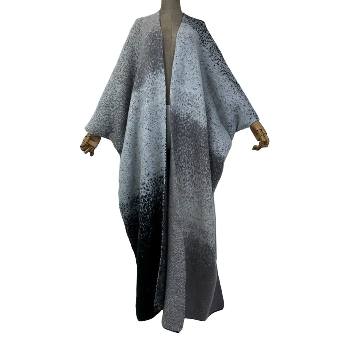 Winyi gradient knit wool cape coat with long flowing gray to black gradient and wide sleeves in soft textured fabric