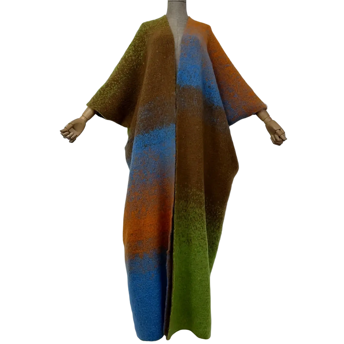 Winyi brand gradient knit wool cape coat with long wide sleeves in brown blue orange and green colors
