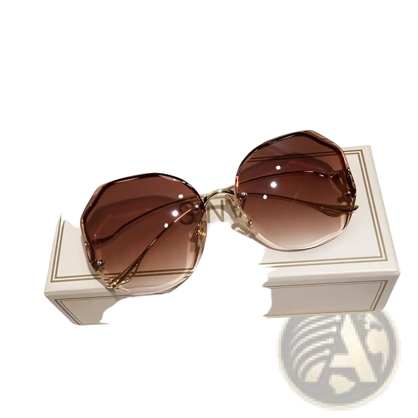 A pair of an brand gradient oversized geometric sunglasses with brown lenses and gold metal frame on beige box