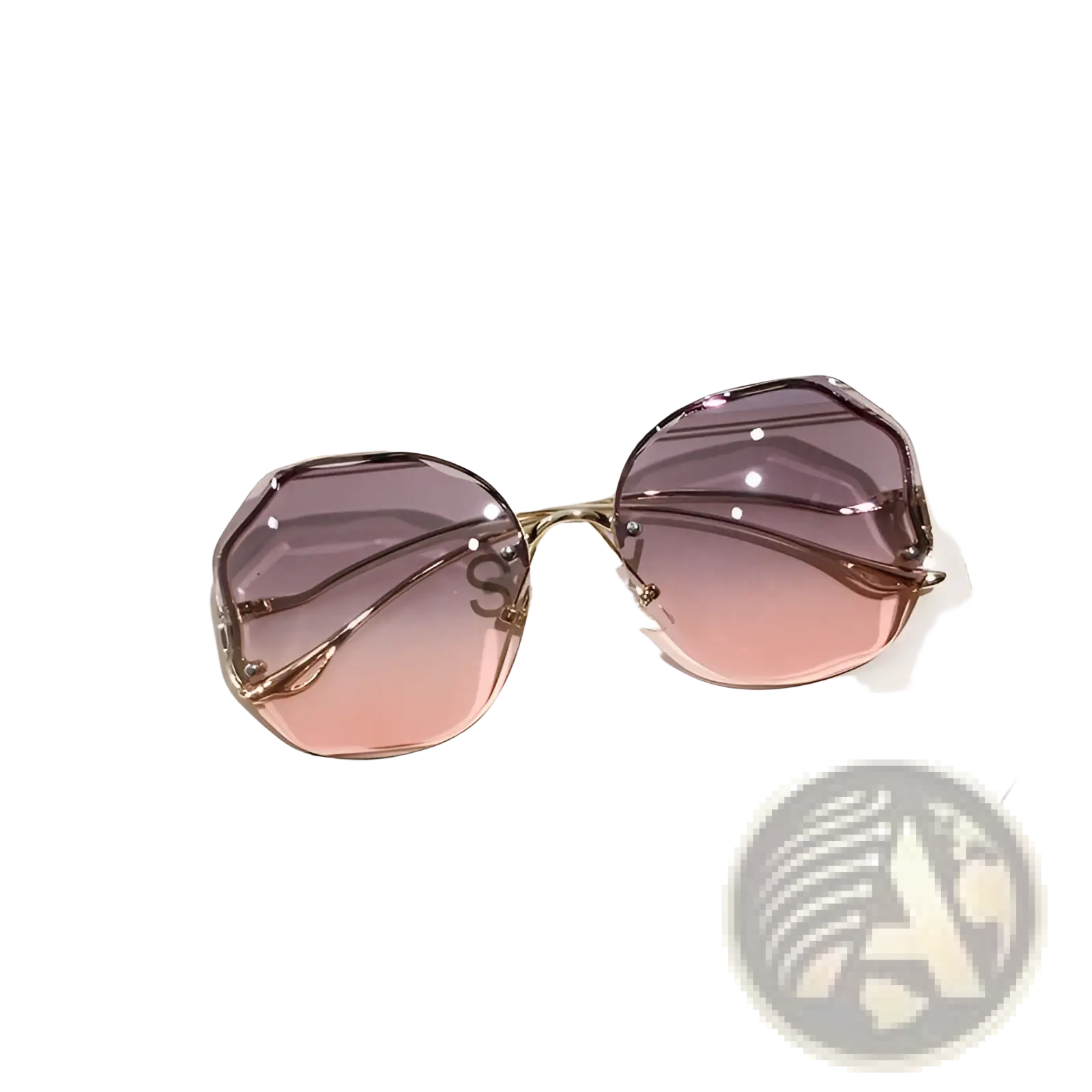 A pair of an’s gradient oversized geometric metal frame sunglasses with pink purple lenses and gold-toned frame