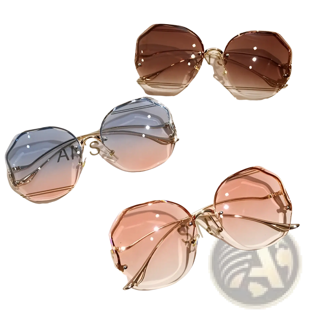 Set of three oversized geometric sunglasses with gradient lenses and gold-tone metal frames in a modern design