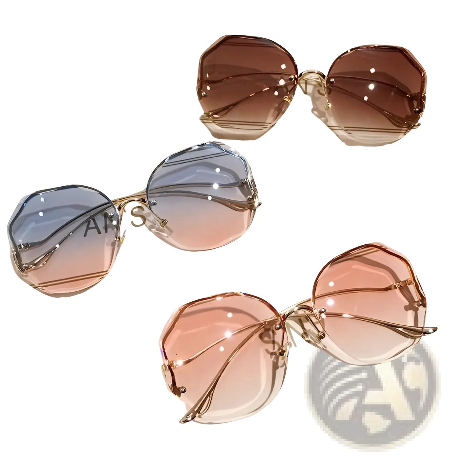 Set of three oversized geometric sunglasses with gradient lenses and gold-tone metal frames in a modern design